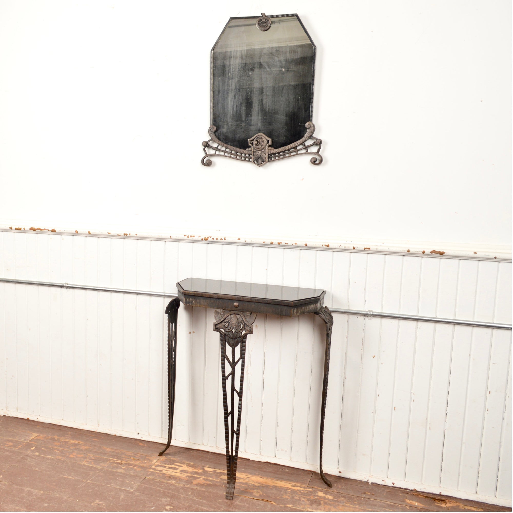 Antique Art Deco Cast Iron Console Table with Matching Mirror