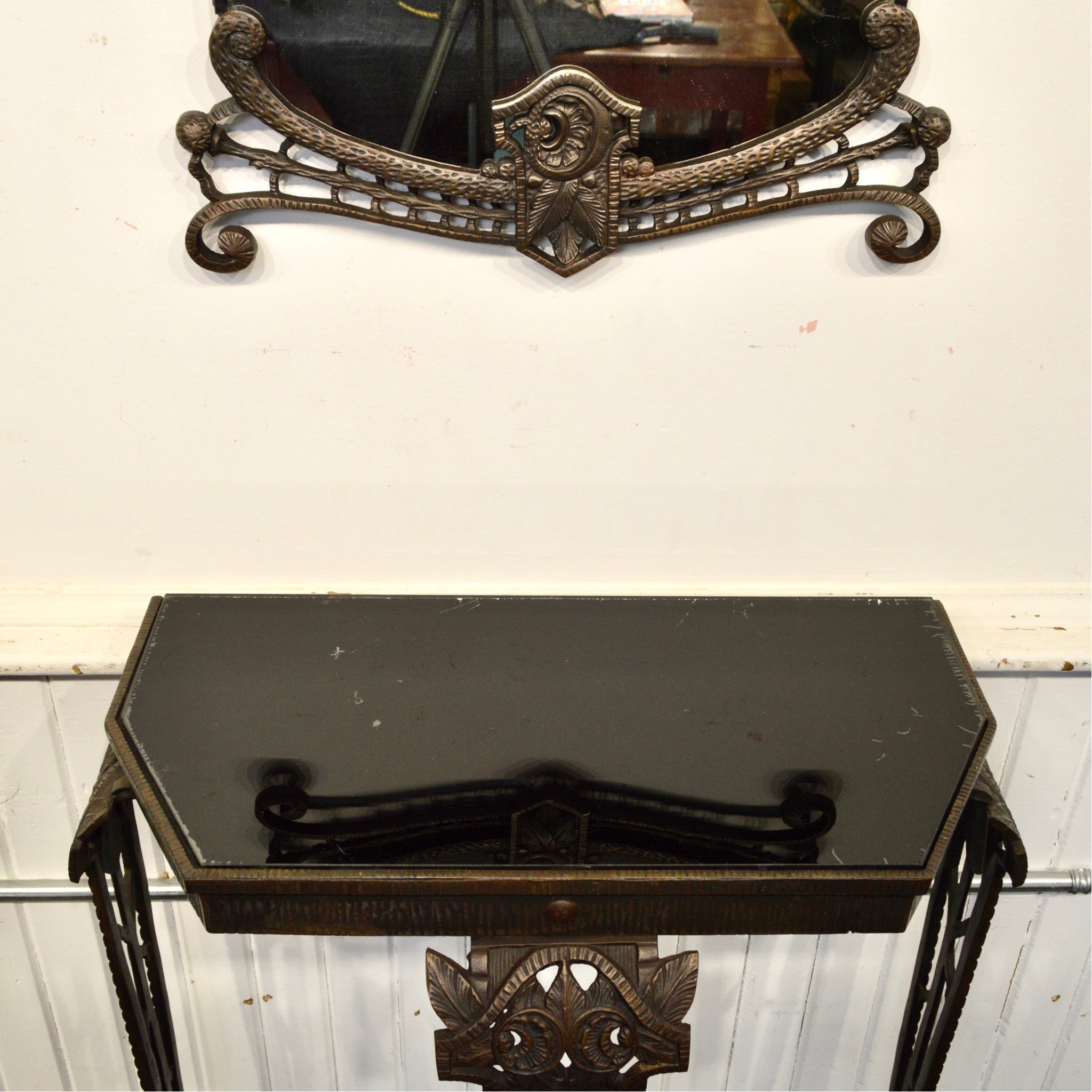 Antique Art Deco Cast Iron Console Table with Matching Mirror