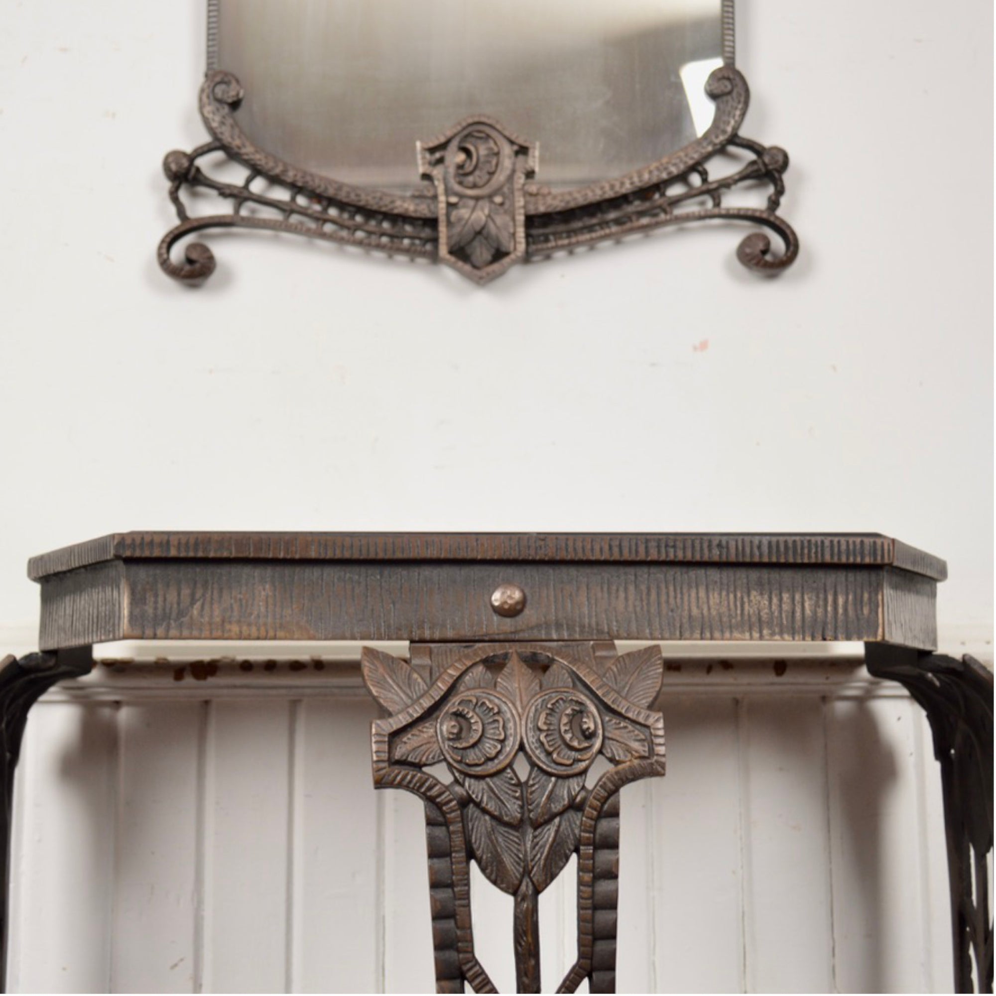 Antique Art Deco Cast Iron Console Table with Matching Mirror