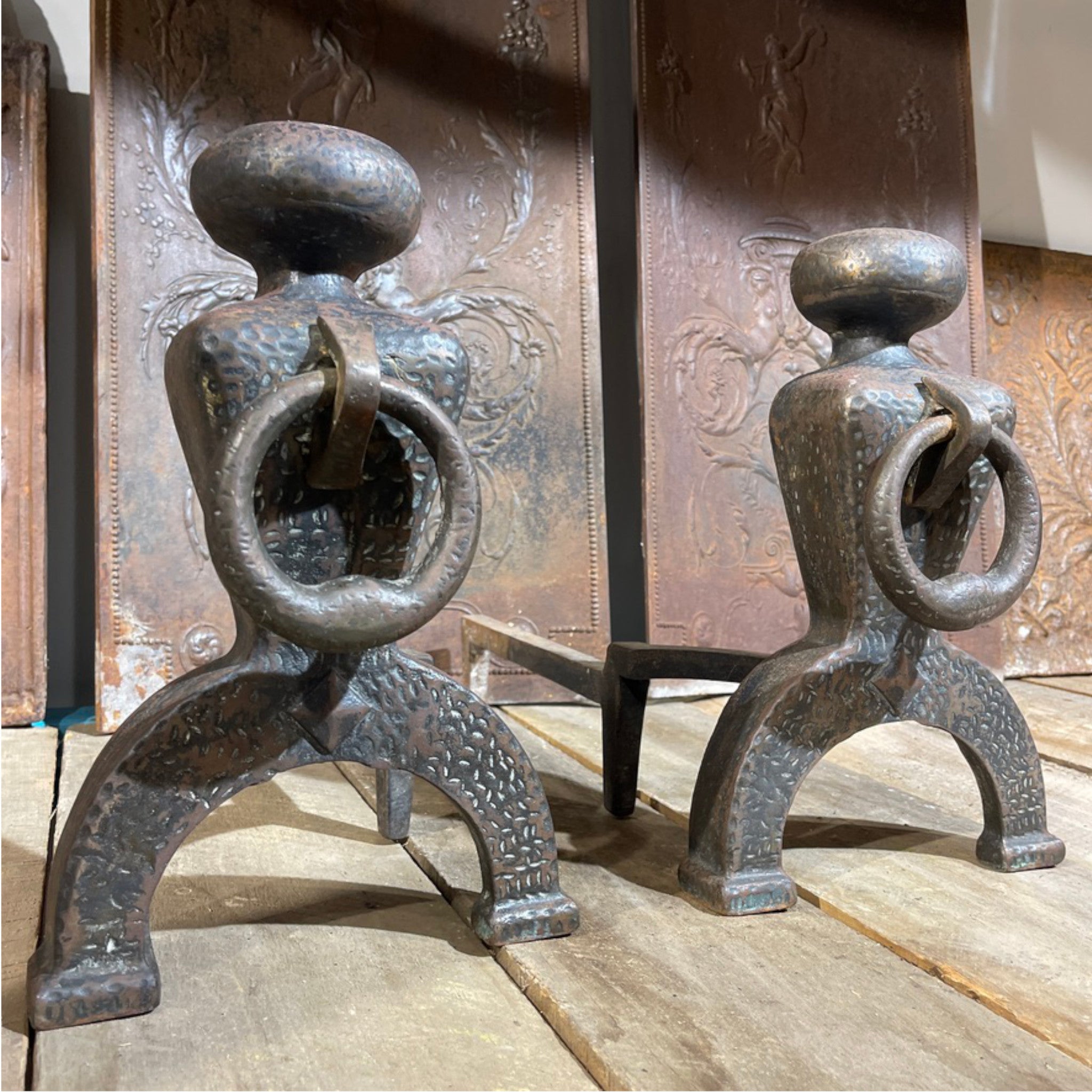 Arts And Crafts Cast Iron Andirons With Bronze Finish