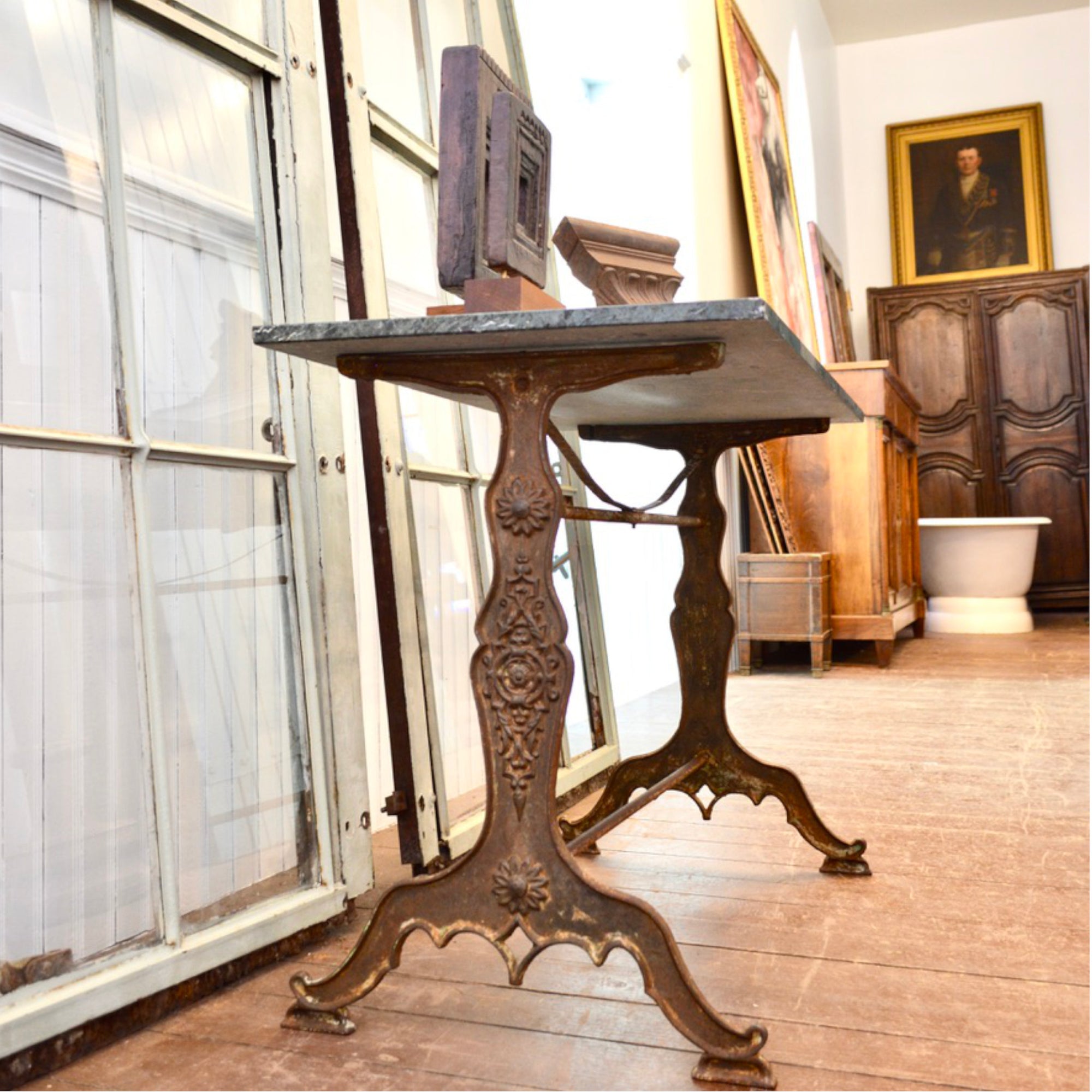 French Cast Iron Bistro Table with Quartzite Top, c.1900