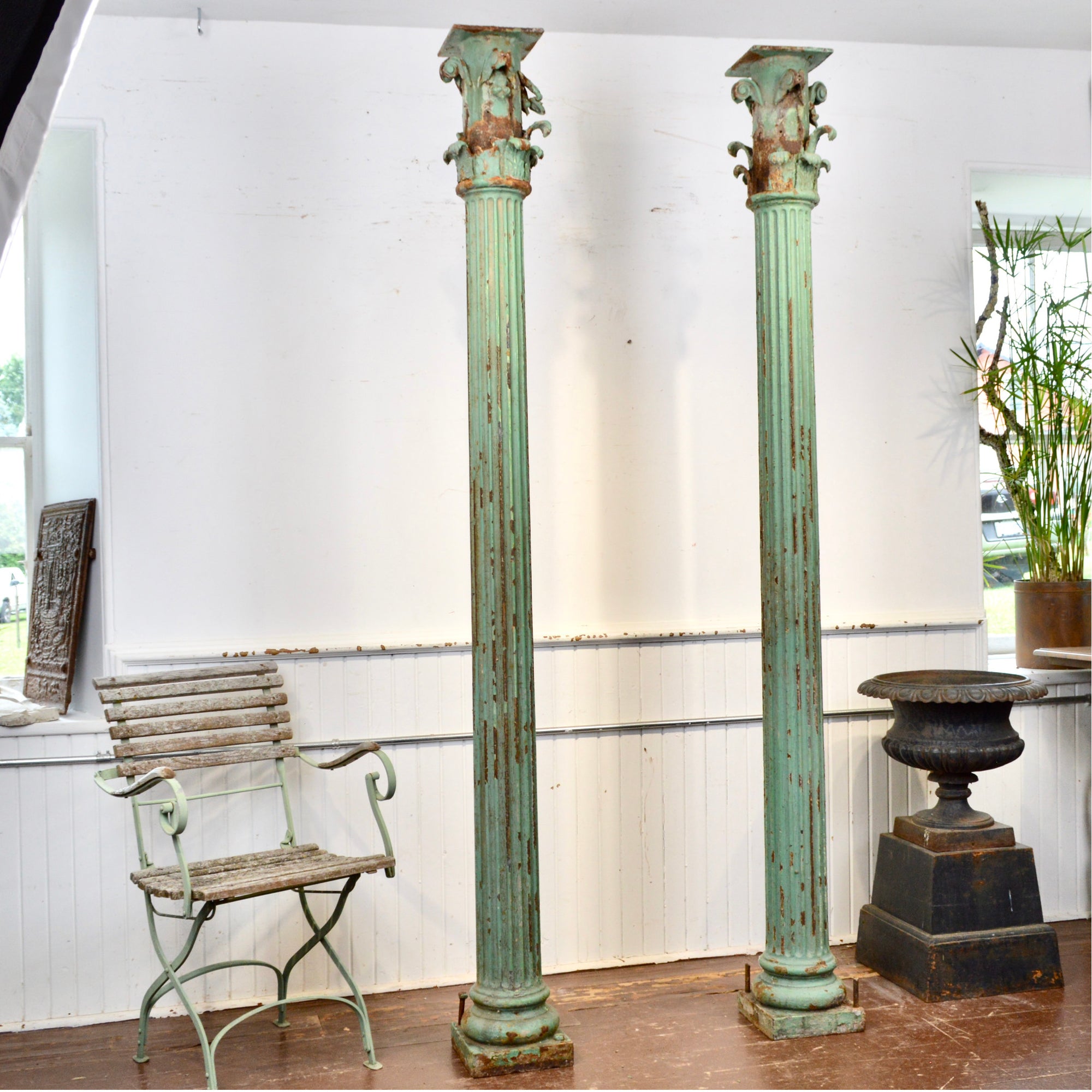 Pair of 19th Century Cast Iron Fluted Pillars with Corinthian Capitals