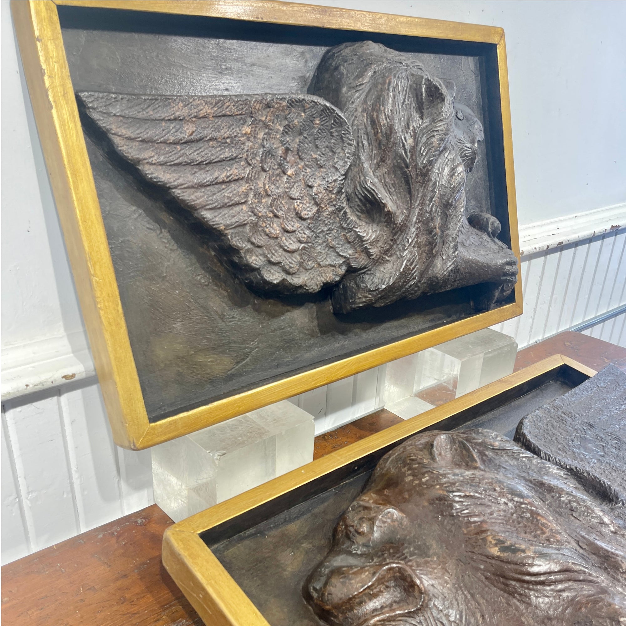 Pair of 19th Century Cast Iron Lions of St. Marc Reliefs | Gilt Framed Architectural Salvage