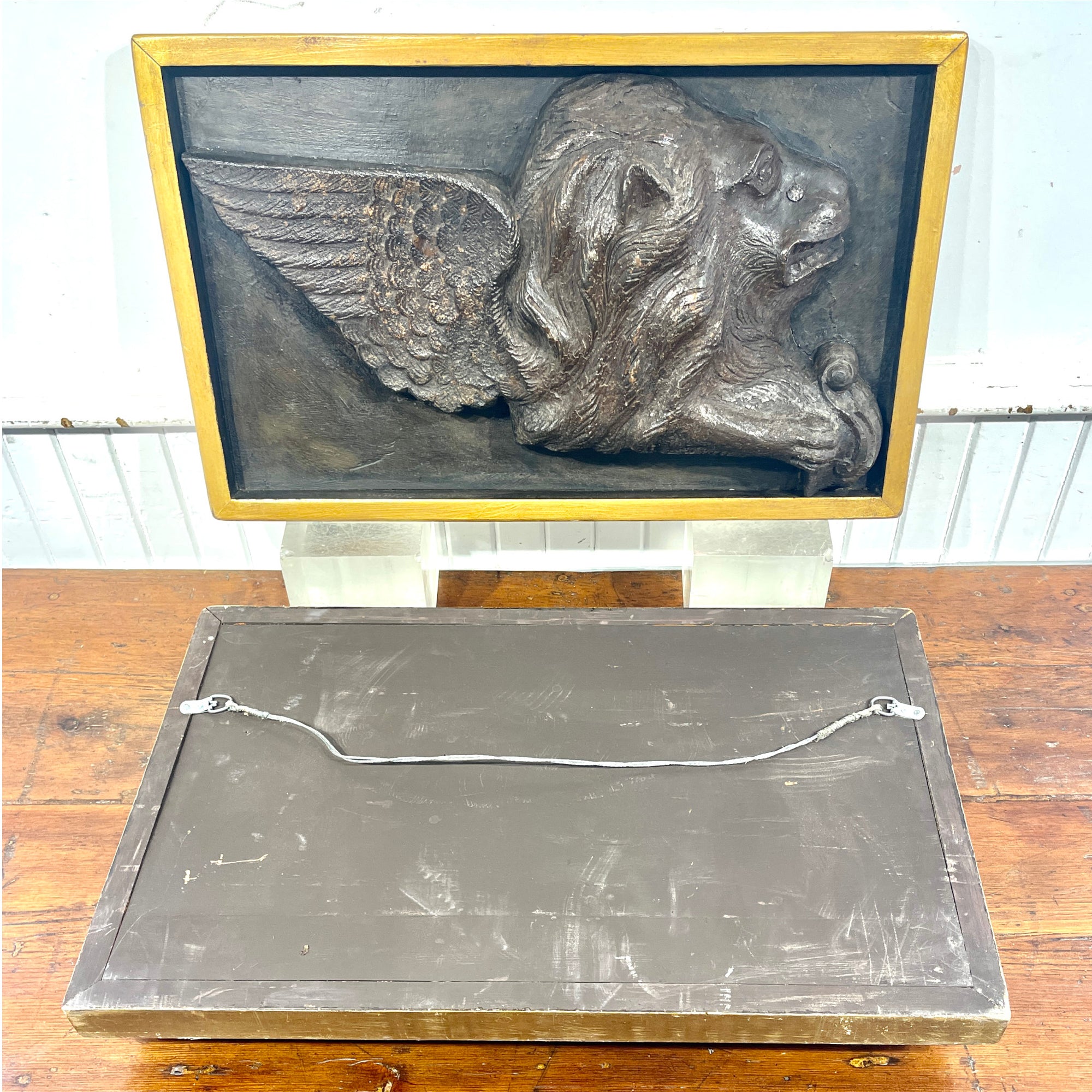 Pair of 19th Century Cast Iron Lions of St. Marc Reliefs | Gilt Framed Architectural Salvage
