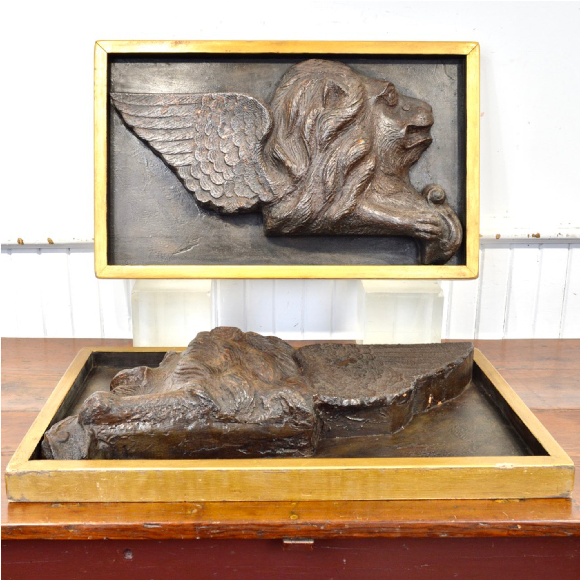 Pair of 19th Century Cast Iron Lions of St. Marc Reliefs | Gilt Framed Architectural Salvage