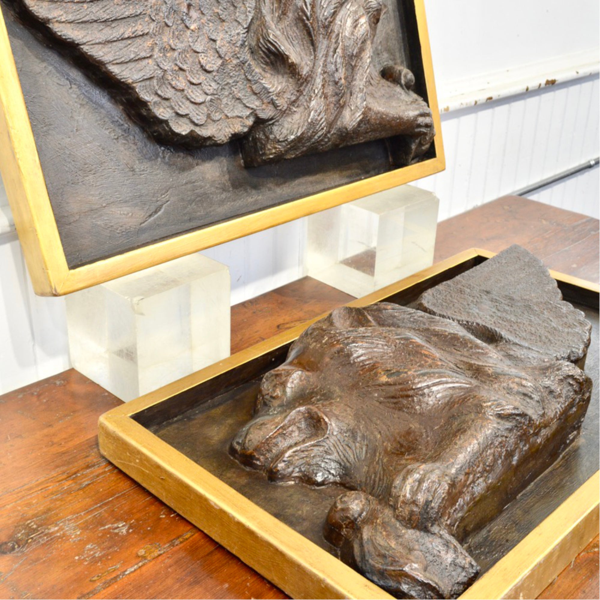Pair of 19th Century Cast Iron Lions of St. Marc Reliefs | Gilt Framed Architectural Salvage