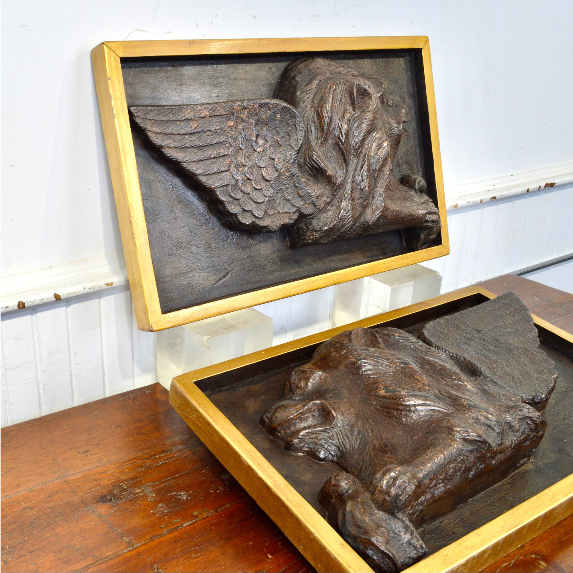 Pair of 19th Century Cast Iron Lions of St. Marc Reliefs | Gilt Framed Architectural Salvage