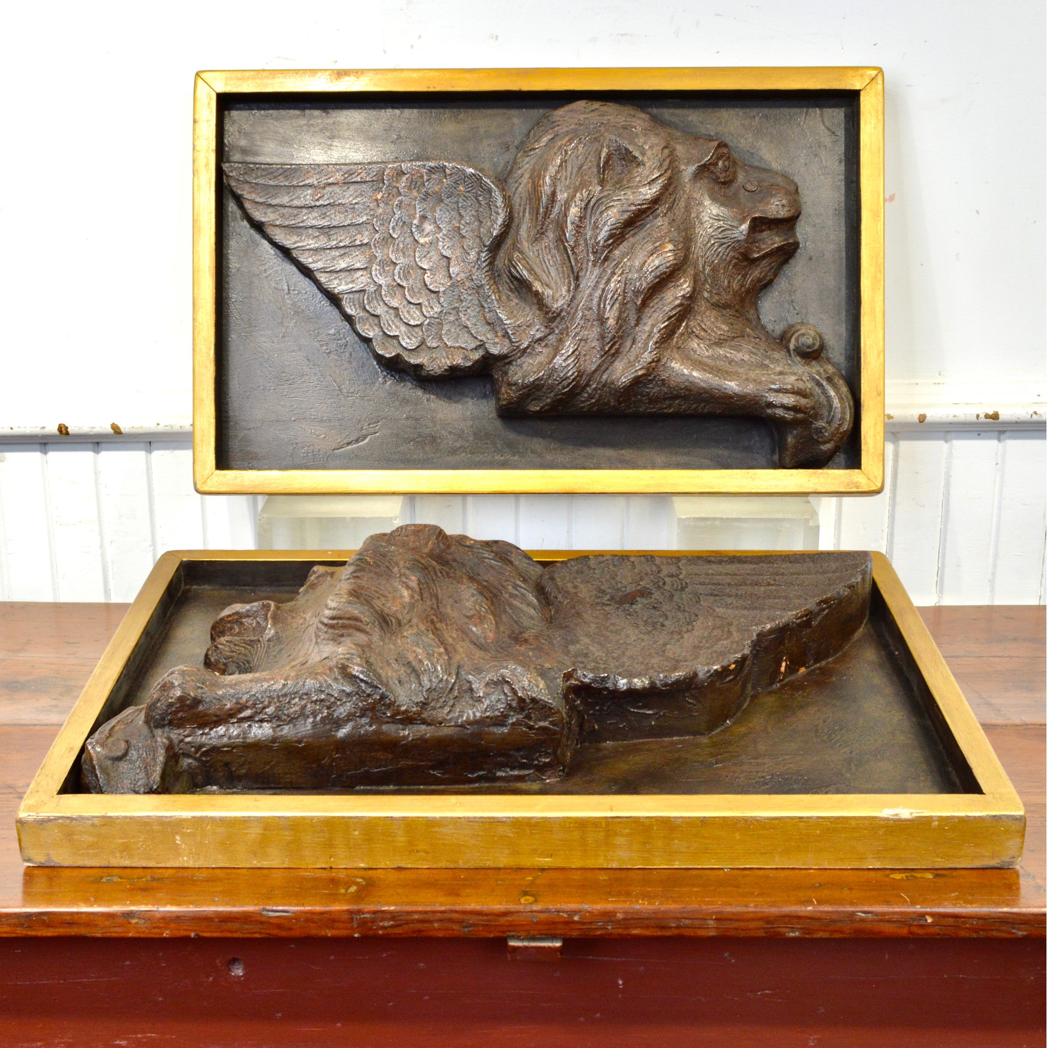 Pair of 19th Century Cast Iron Lions of St. Marc Reliefs | Gilt Framed Architectural Salvage