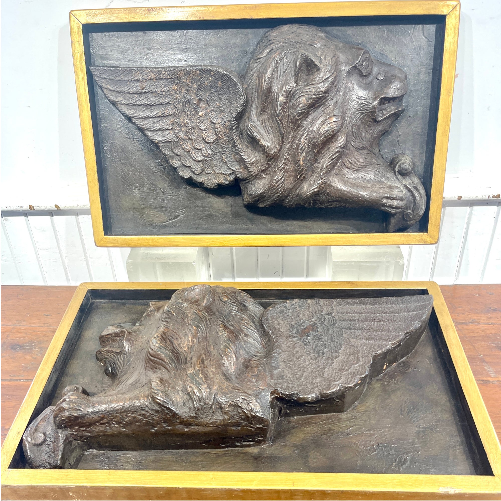Pair of 19th Century Cast Iron Lions of St. Marc Reliefs | Gilt Framed Architectural Salvage