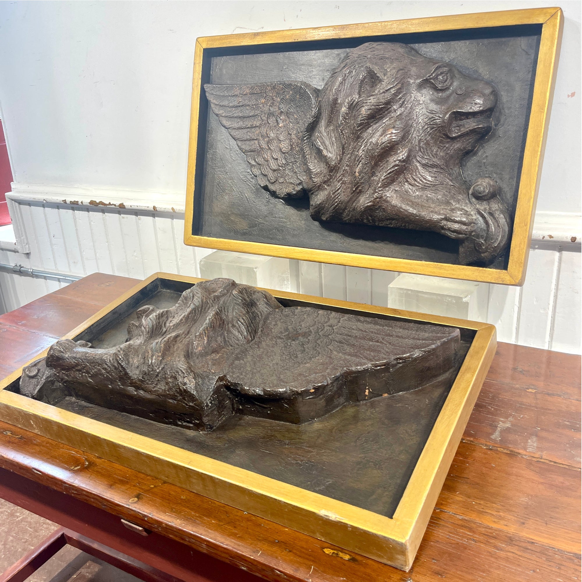 Pair of 19th Century Cast Iron Lions of St. Marc Reliefs | Gilt Framed Architectural Salvage