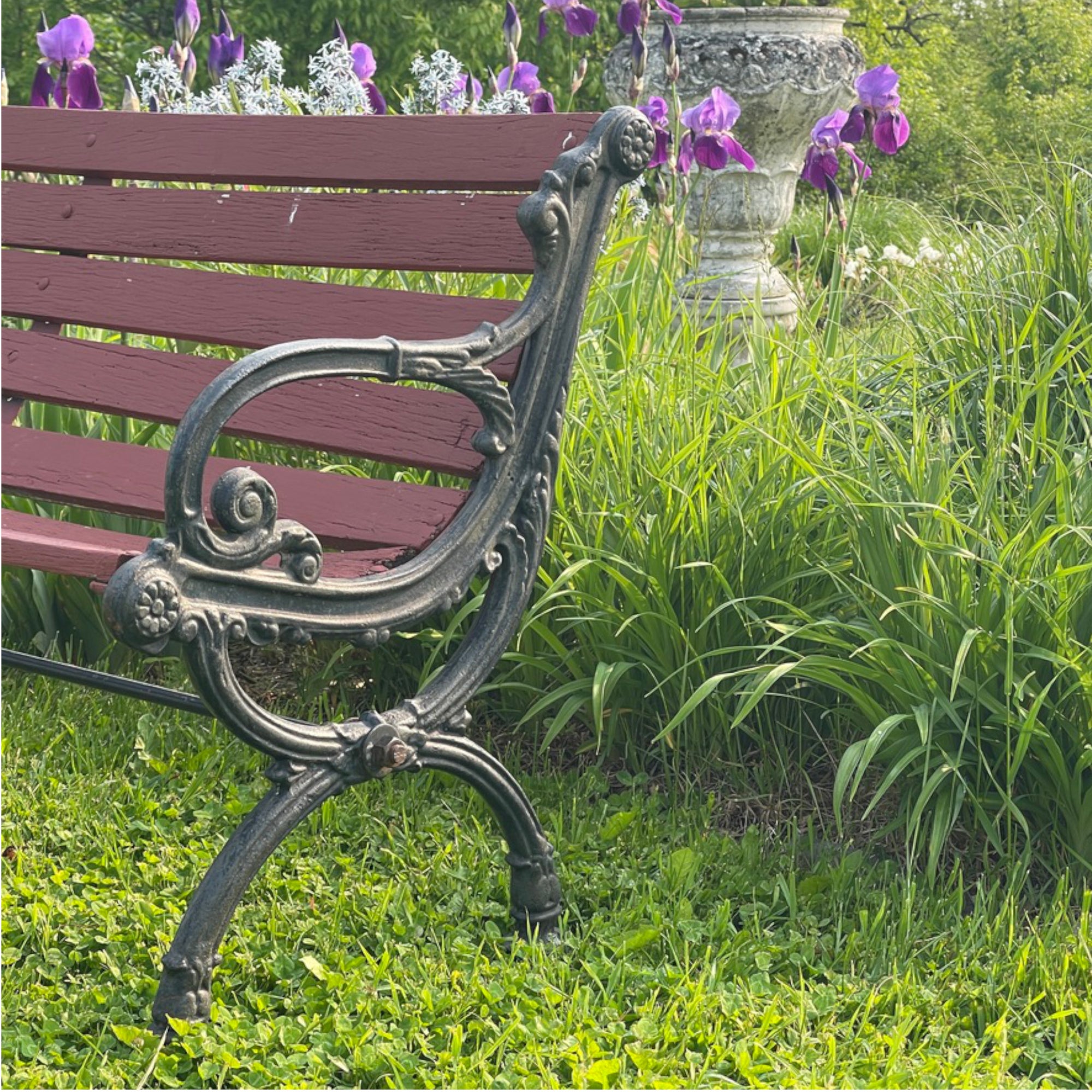 Pair of Vintage Cast Iron Garden Benches – Neoclassical Style with Curule Style Legs