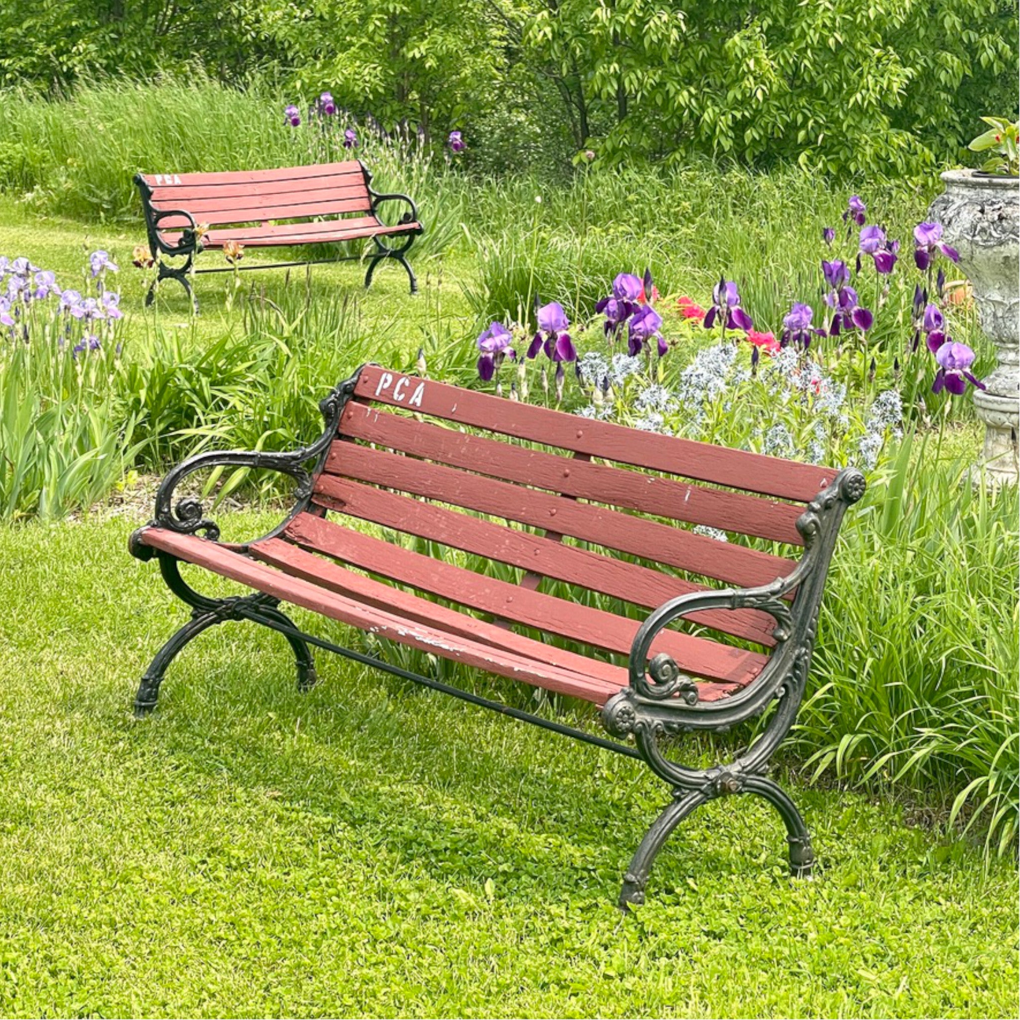 Pair of Vintage Cast Iron Garden Benches – Neoclassical Style with Curule Style Legs