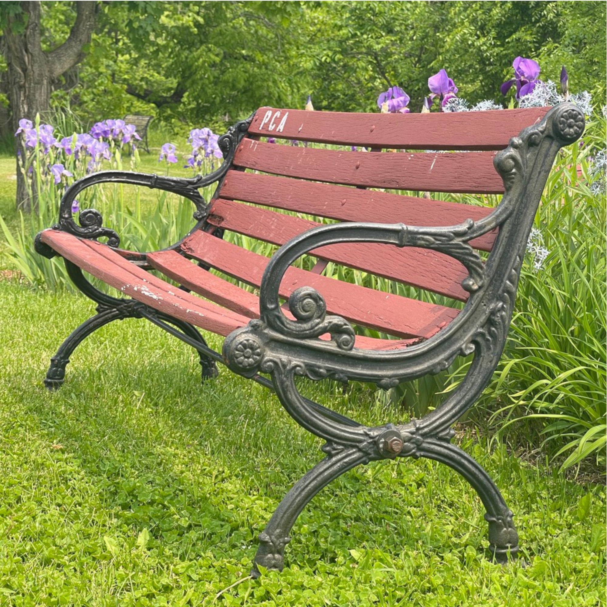 Pair of Vintage Cast Iron Garden Benches – Neoclassical Style with Curule Style Legs
