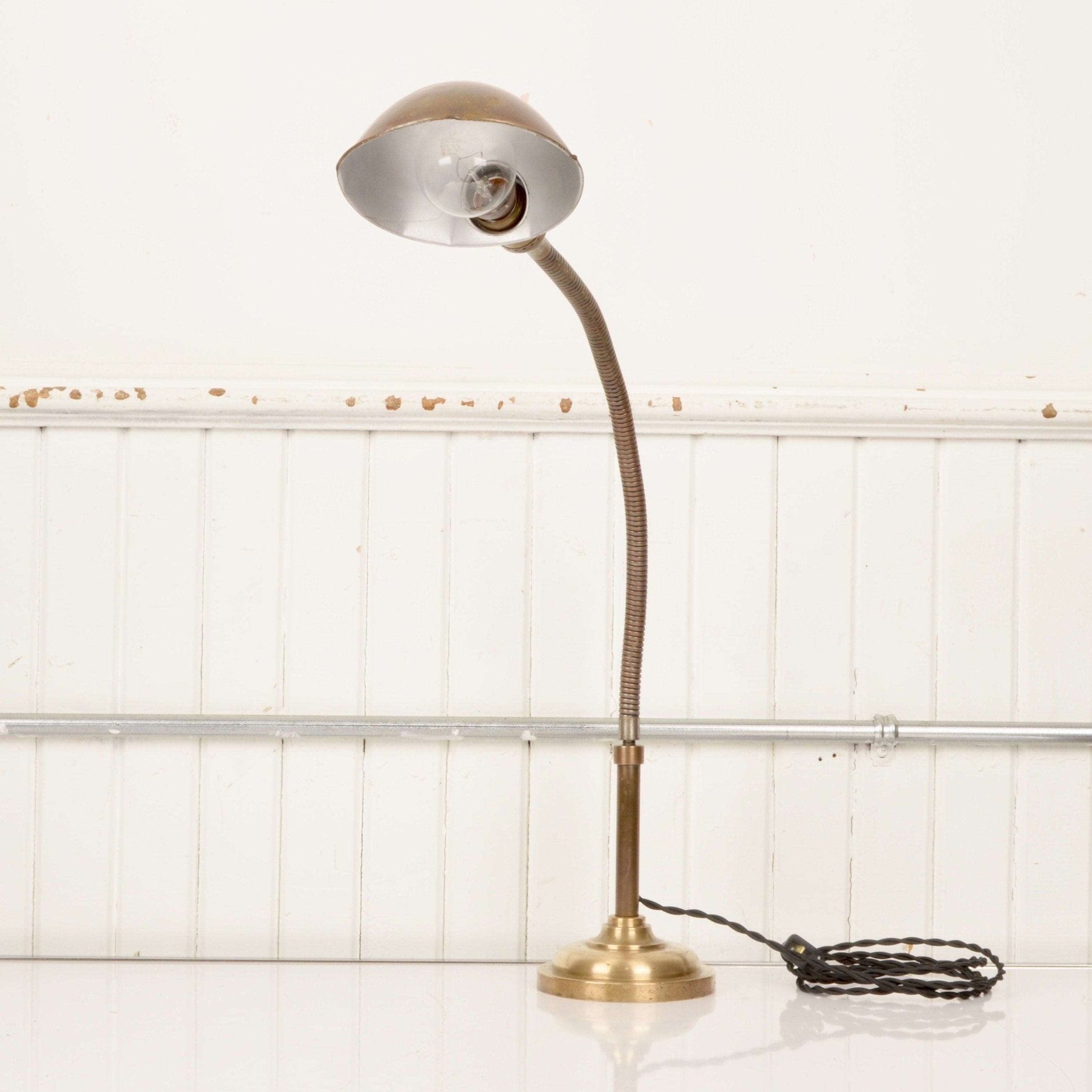 Antique Brass Gooseneck Lamp By Almond Mfg. Brooklyn NY c. 1910 - Salvage-Garden