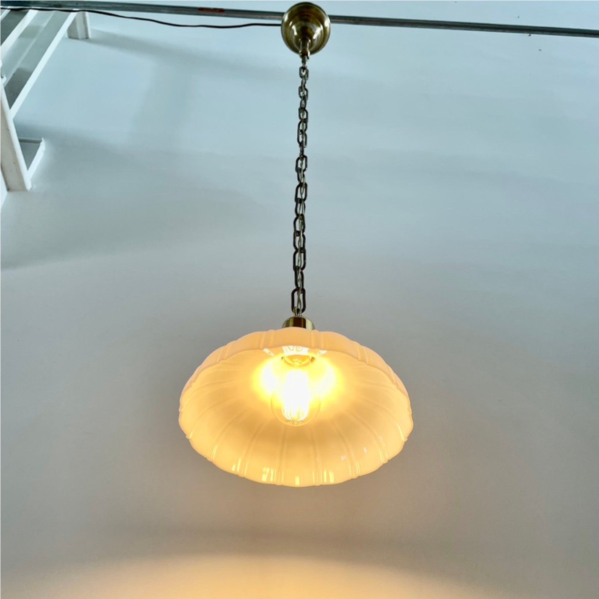 Antique Brass Pendant Light With Ribbed Milk Glass Shade - Salvage-Garden