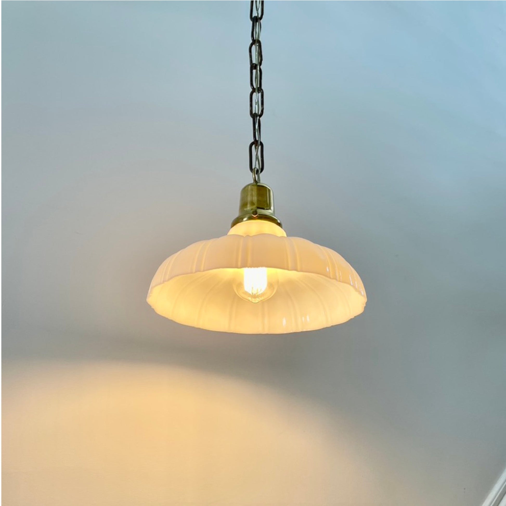 Antique Brass Pendant Light With Ribbed Milk Glass Shade - Salvage-Garden