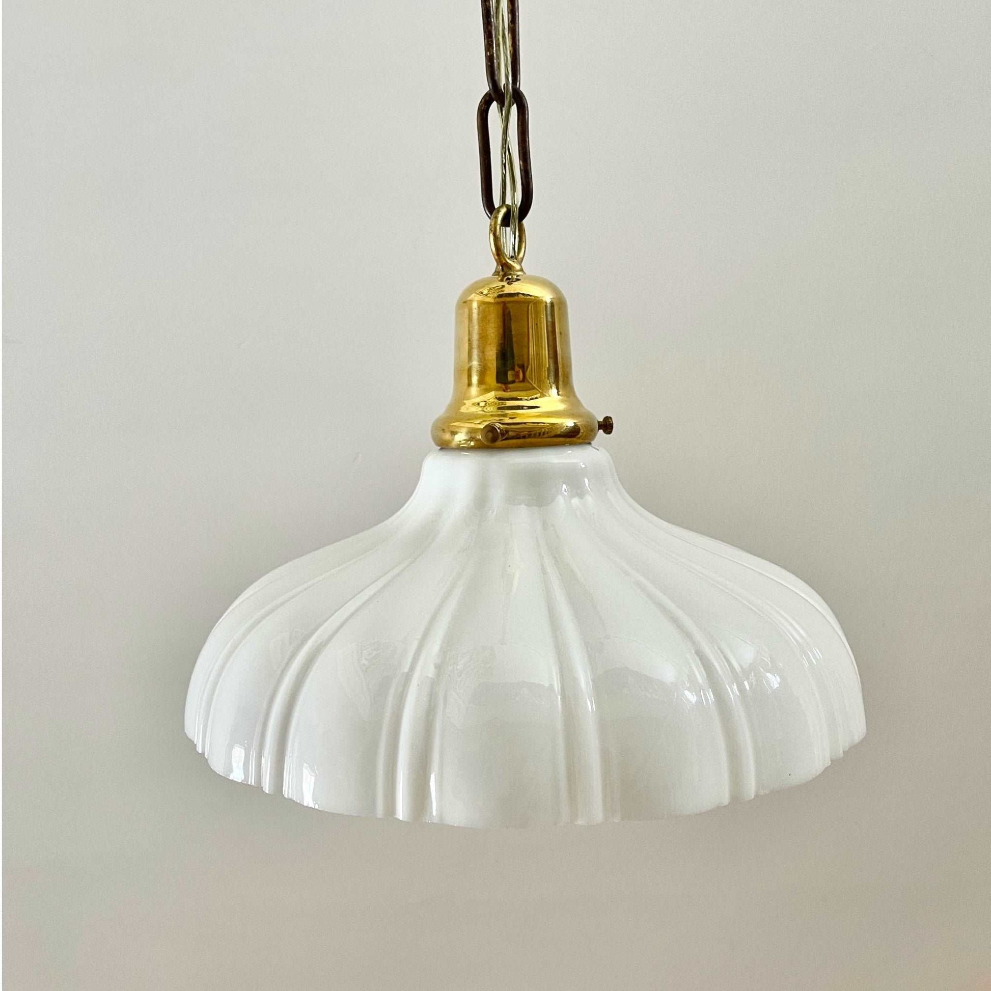 Antique Brass Pendant Light With Ribbed Milk Glass Shade - Salvage-Garden