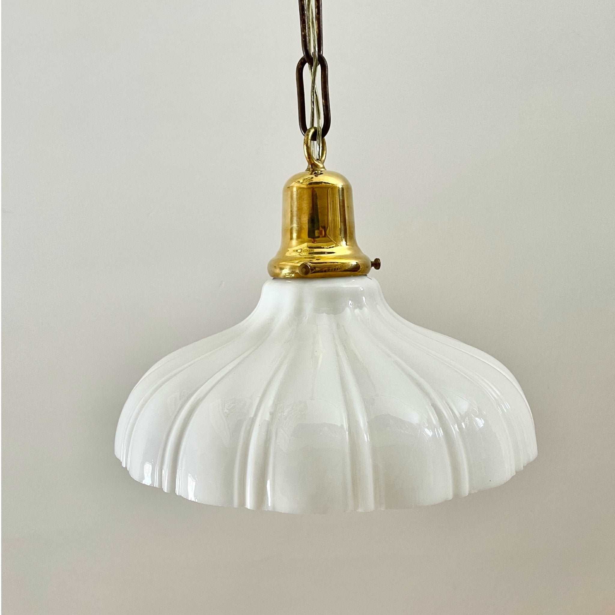 Antique Brass Pendant Light With Ribbed Milk Glass Shade - Salvage-Garden