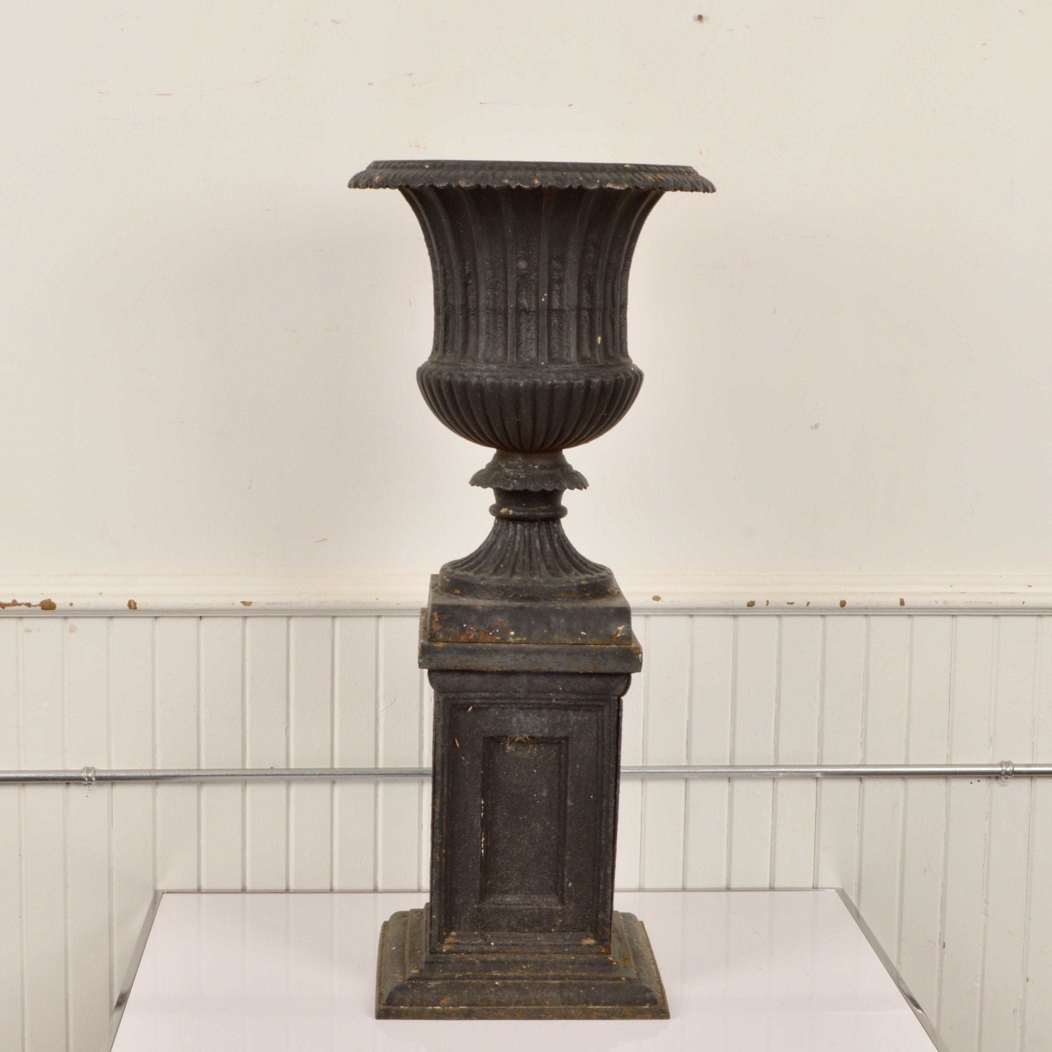 Antique Cast Iron Campana Style Urn With Plinth - Salvage-Garden
