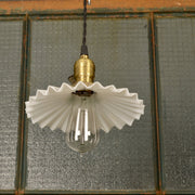 Antique Industrial Light With Brass Socket and Crimped Milk Glass Shade - Salvage-Garden