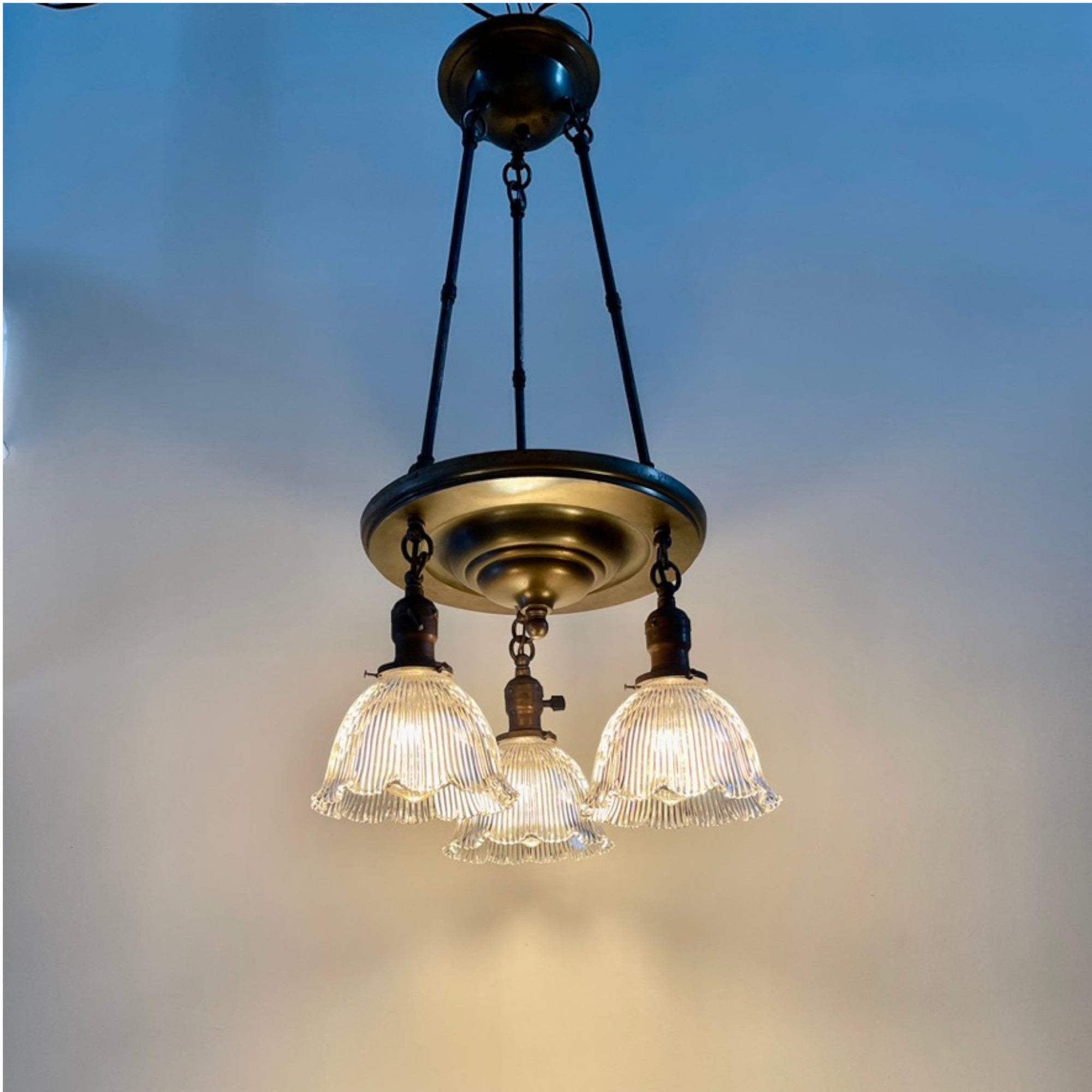 Antique Pan Chandelier With Holophane Shades - Salvage-Garden