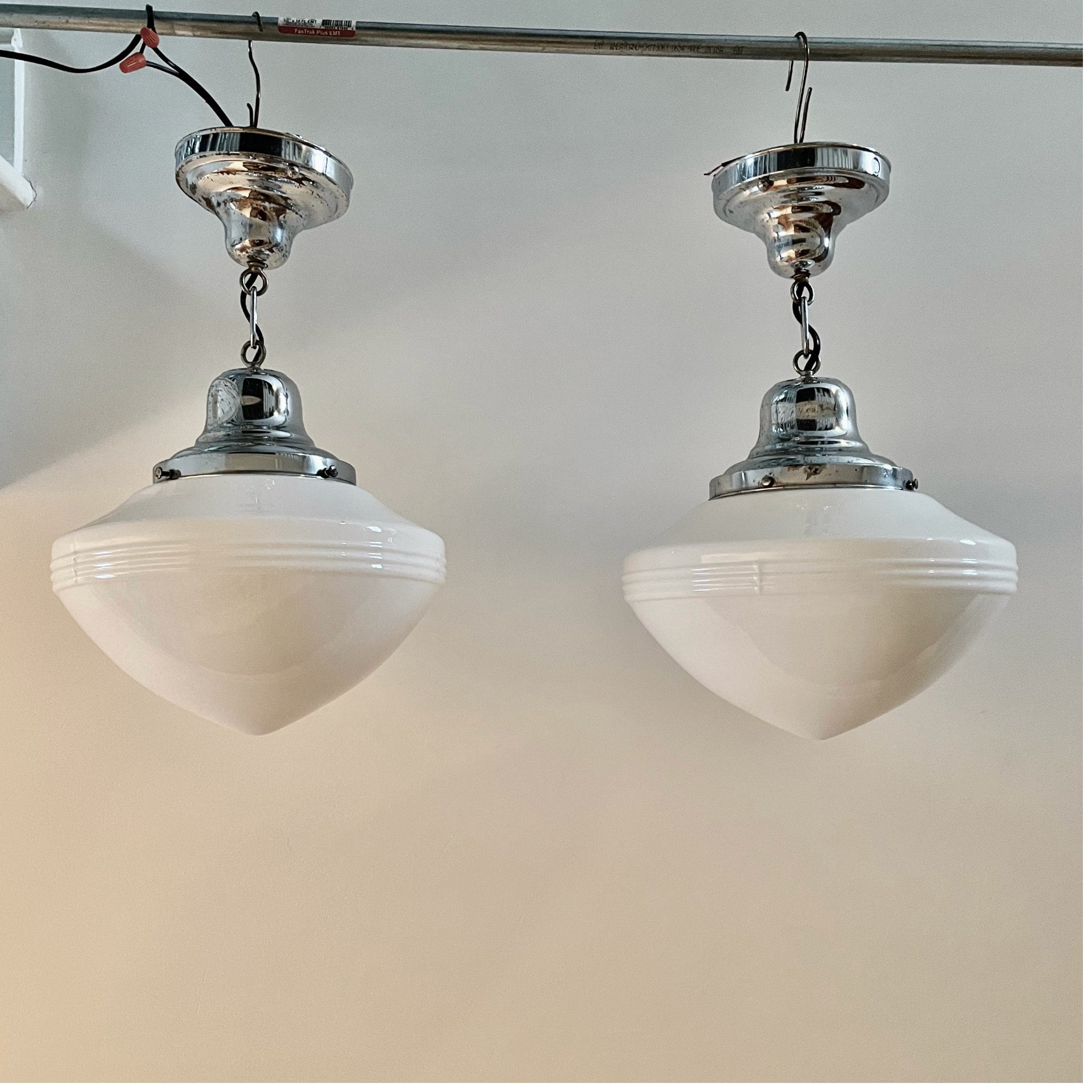 Art Deco Lights With Ribbed Milk Glass Shades - Salvage-Garden