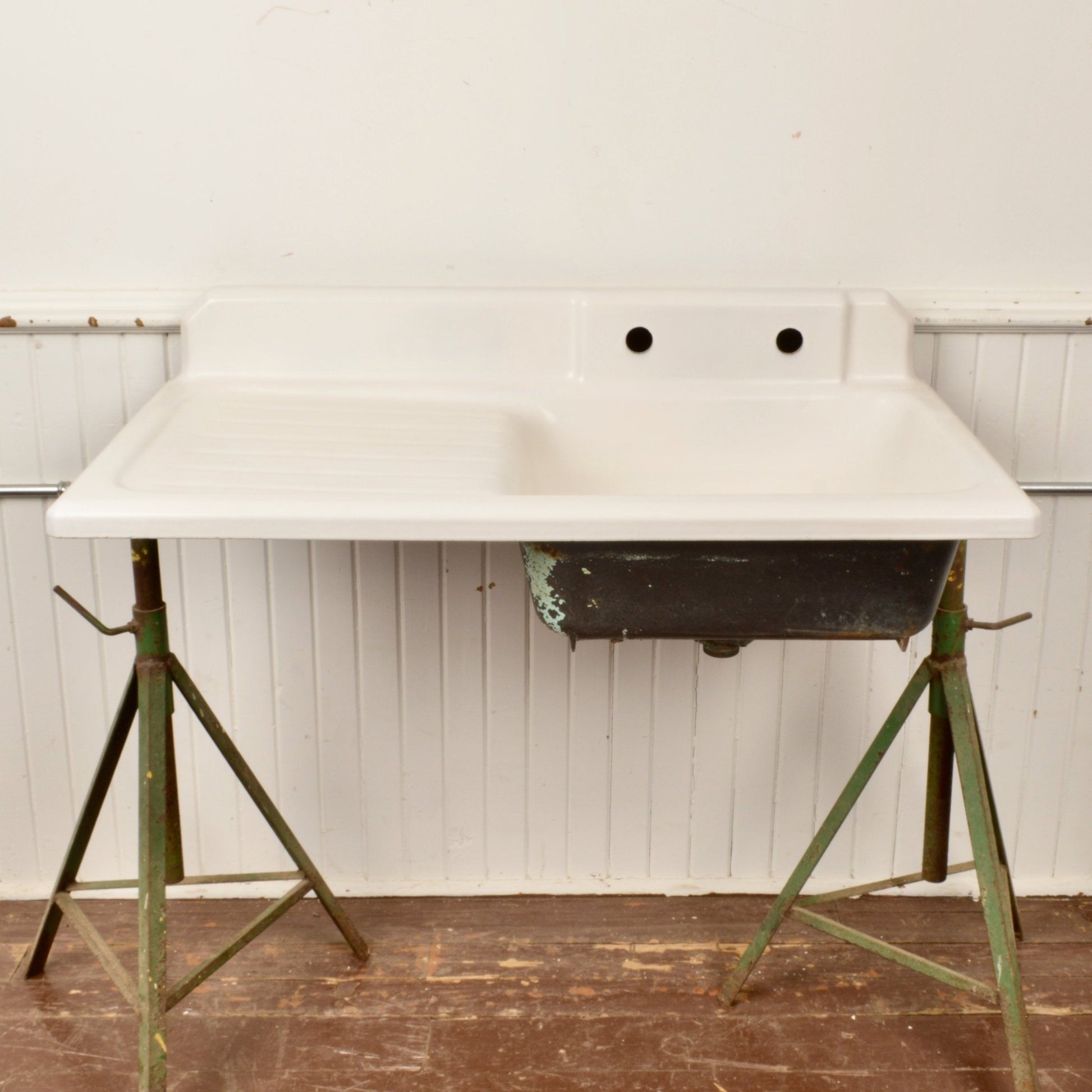 Cast Iron Porcelain Sink With Draining Board - Salvage-Garden