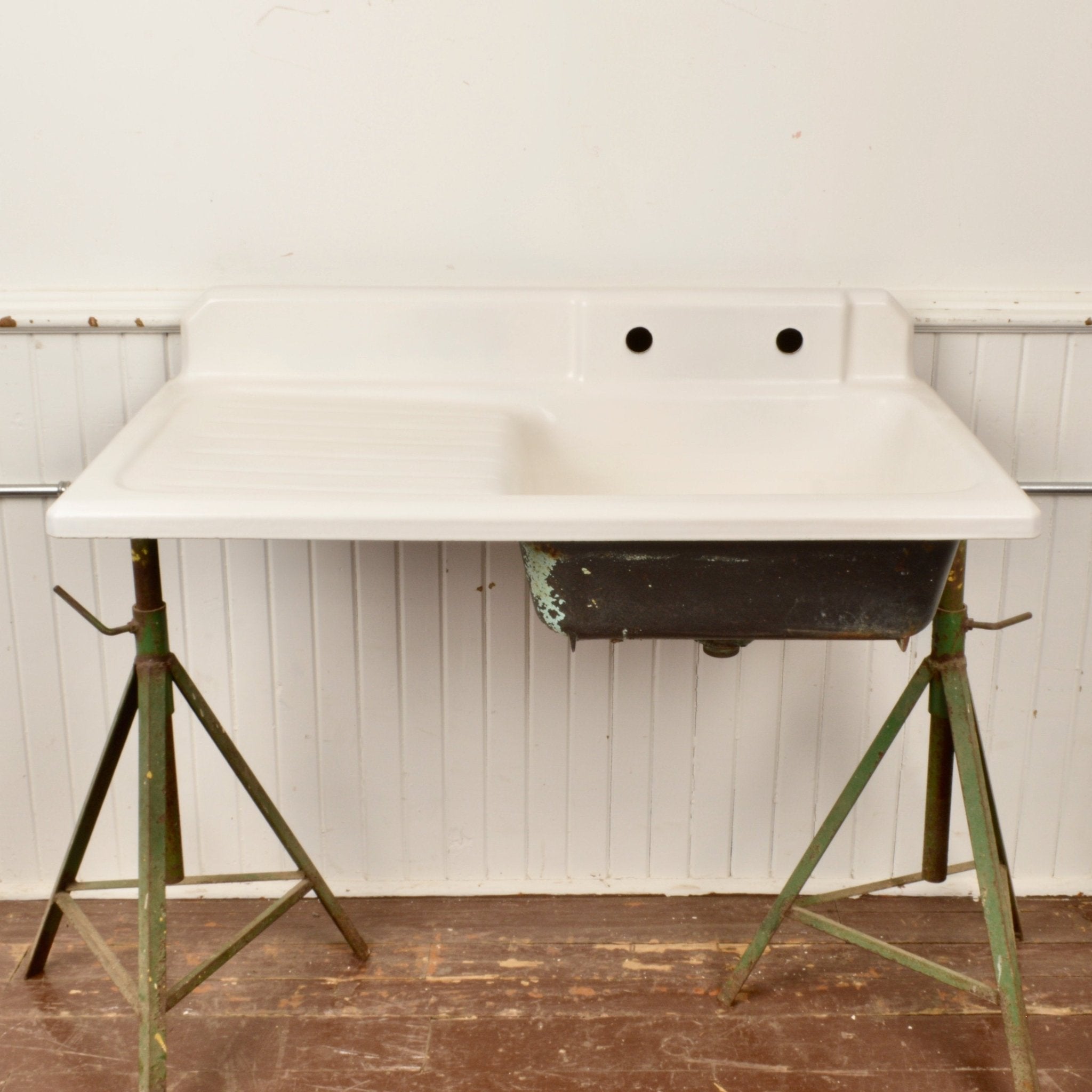 Cast Iron Porcelain Sink With Draining Board - Salvage-Garden