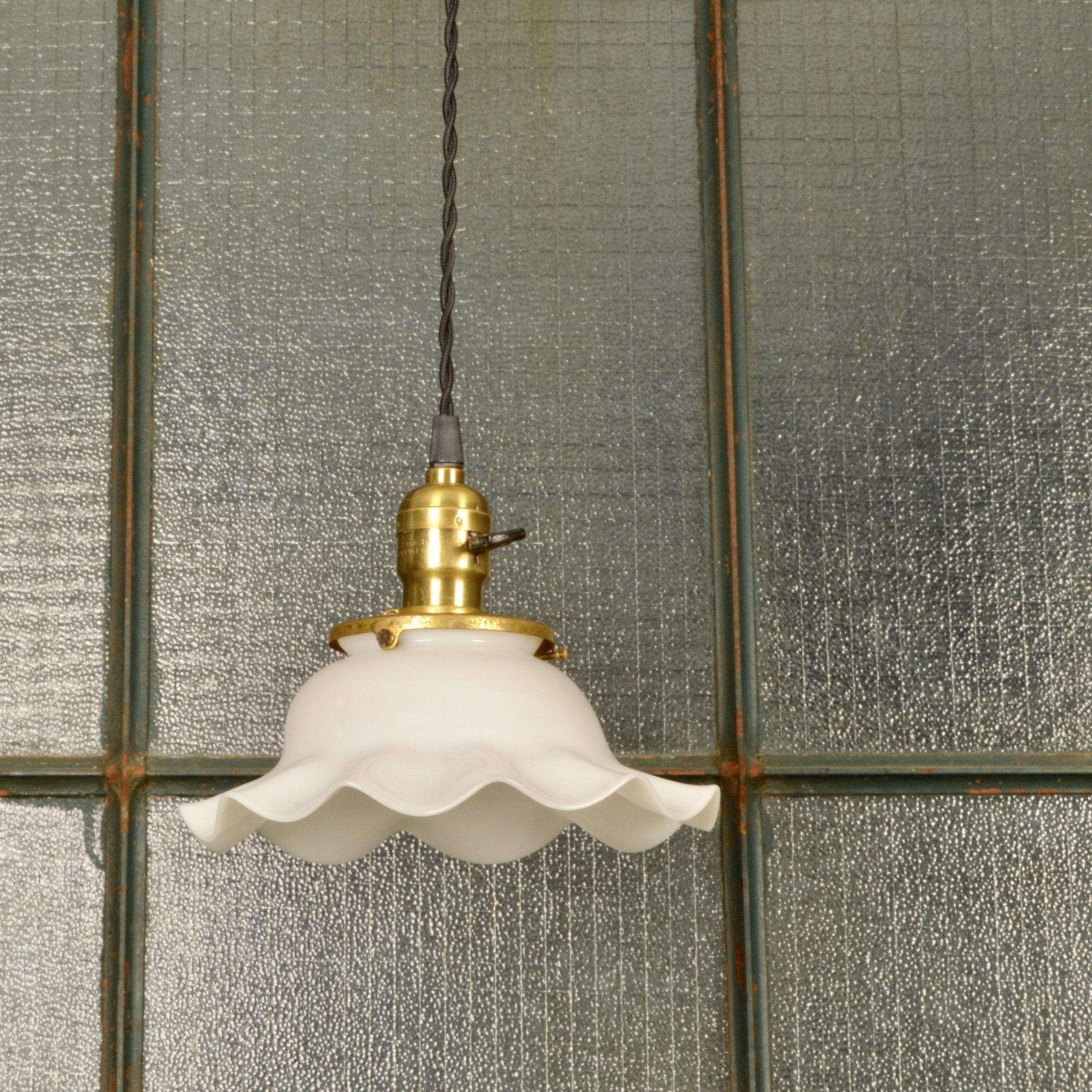 Industrial Pendant Light With Brass Socket And Milk Glass Shade - Salvage-Garden