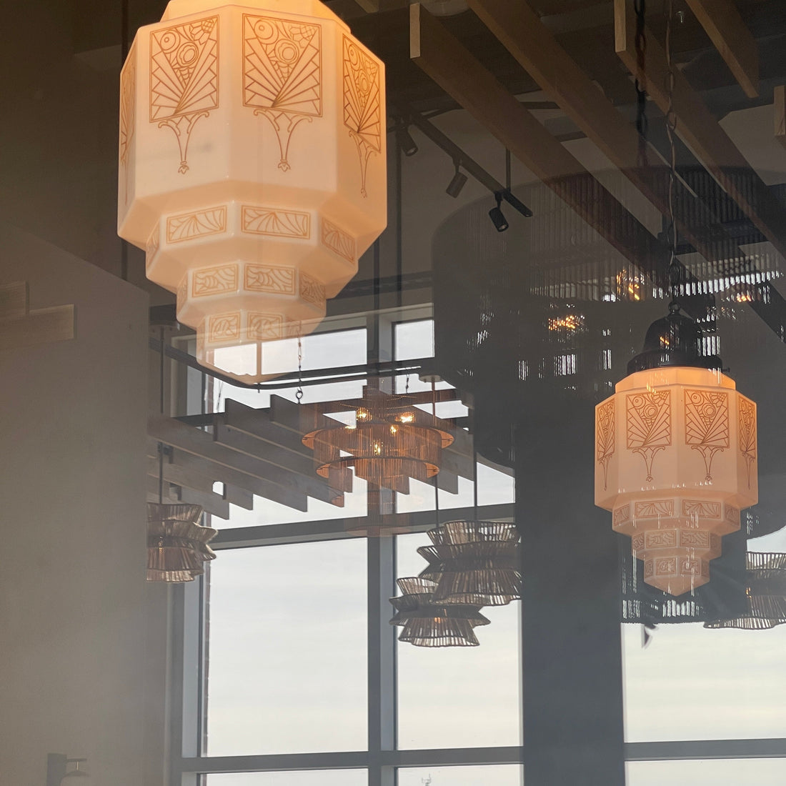 Art Deco pendant light fixtures at the Juniper Cafe in Kingston, Ontario