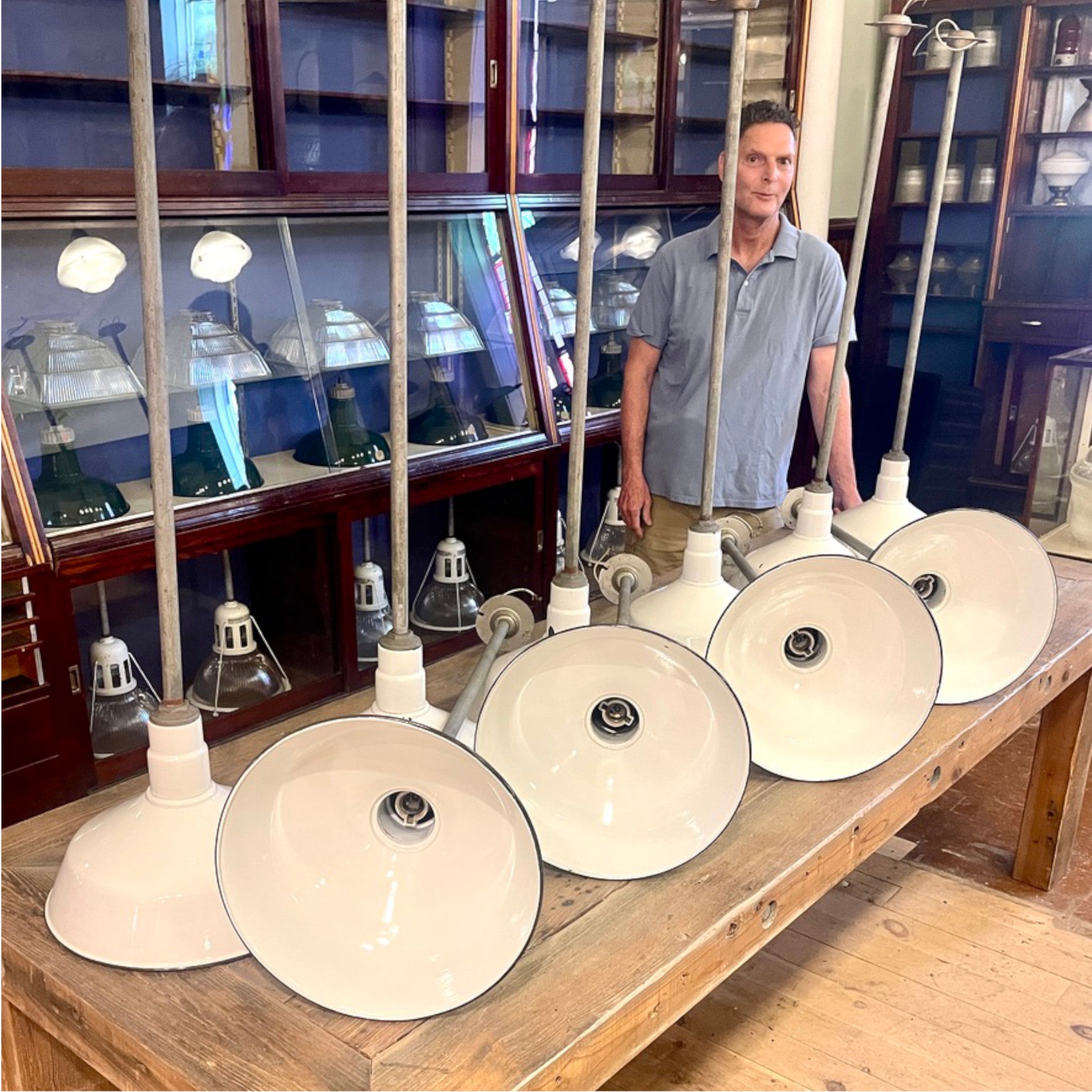 Set of 10 Vintage White Enamel Industrial Pendant Lights