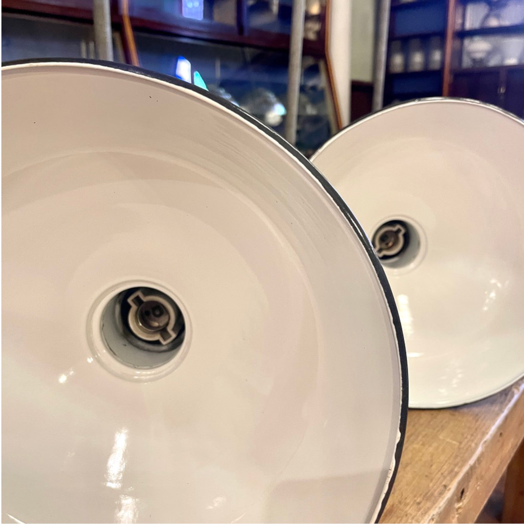 Set of 10 Vintage White Enamel Industrial Pendant Lights