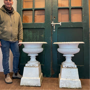Pair of Cast Iron Campana Urns on Plinths, Vintage Patina