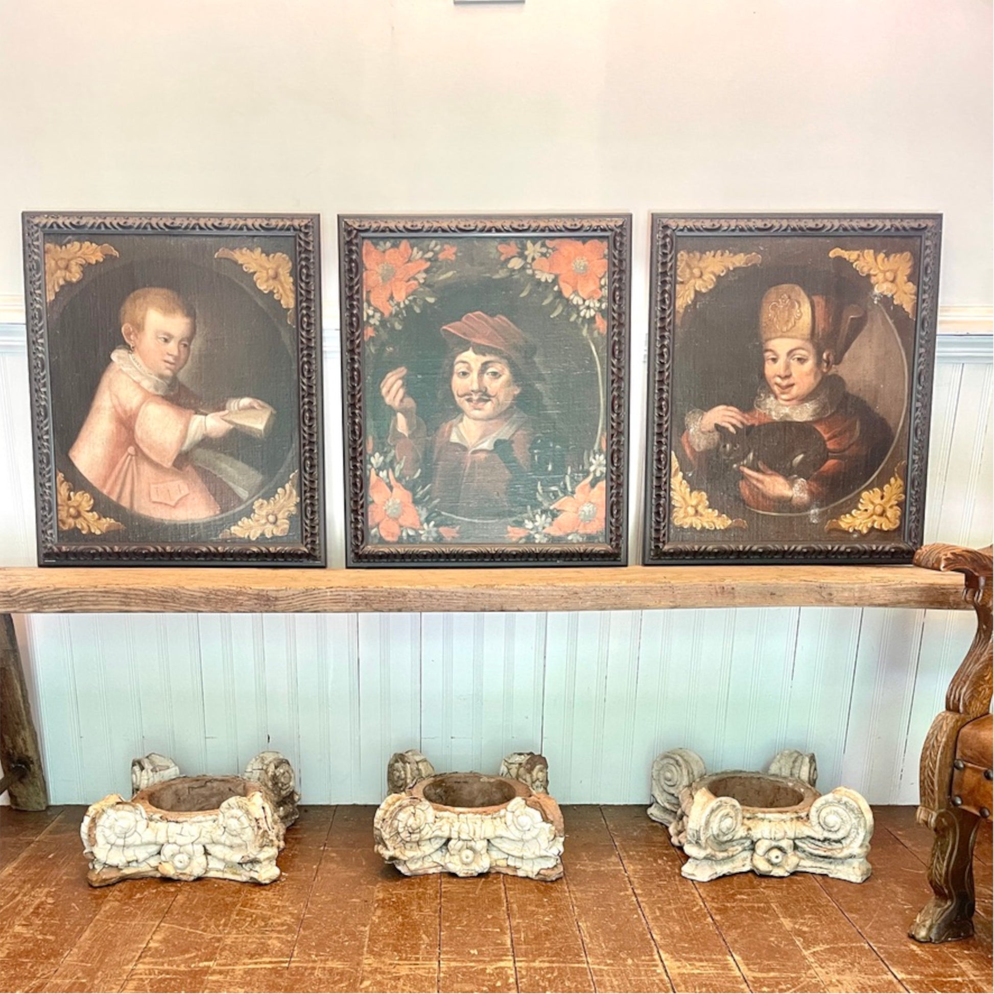 Set of three European Old Master style character portrait oil paintings in matching frames.