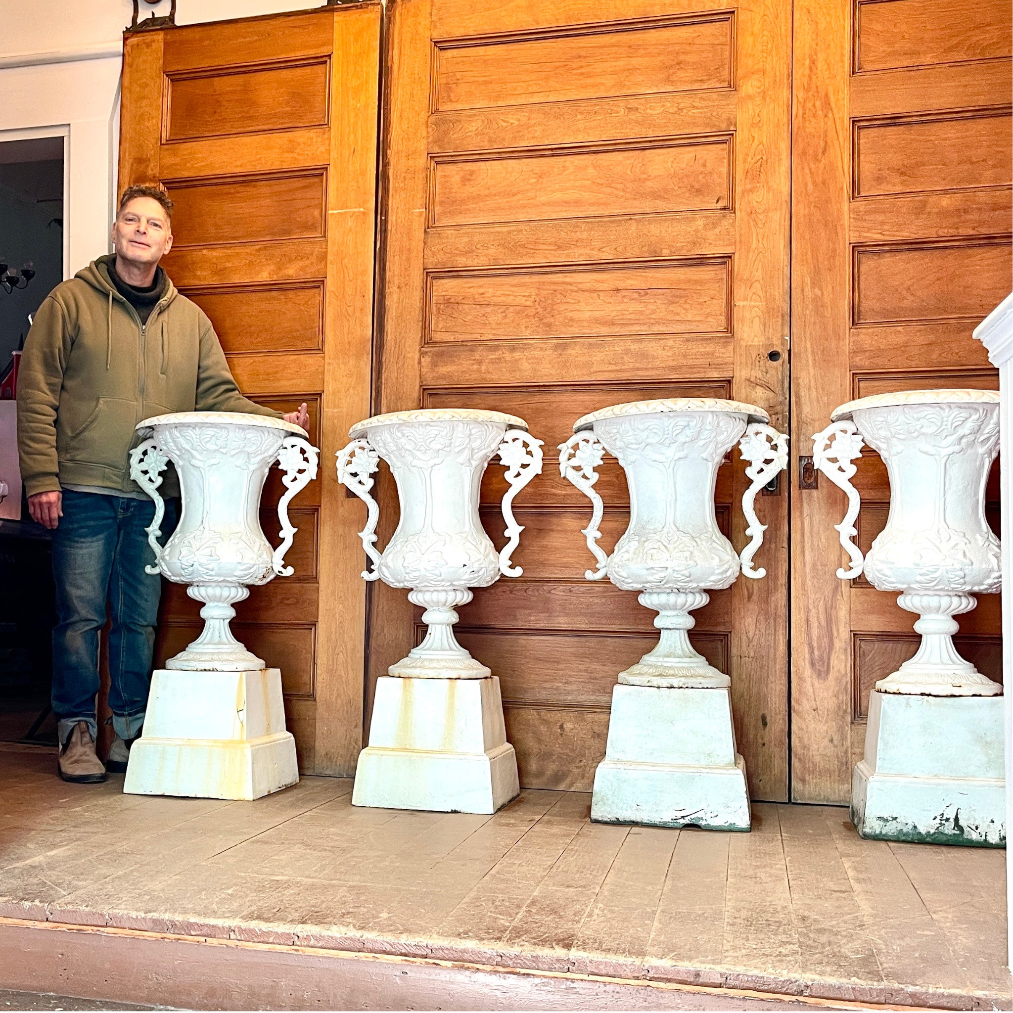 Set of Four Cast Iron Garden Urns with Matching Plinths — Art Nouveau Influence