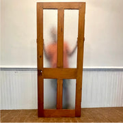 Antique Four-Panel Pine Door with Vintage Privacy Glass