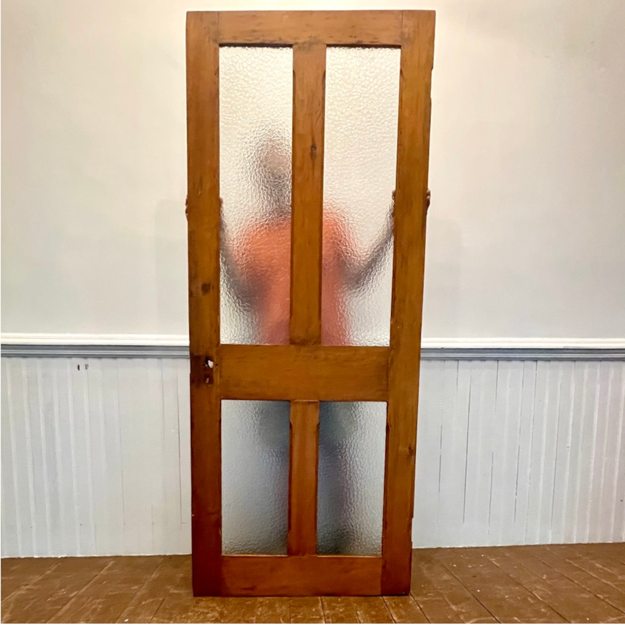 Antique Four-Panel Pine Door with Vintage Privacy Glass