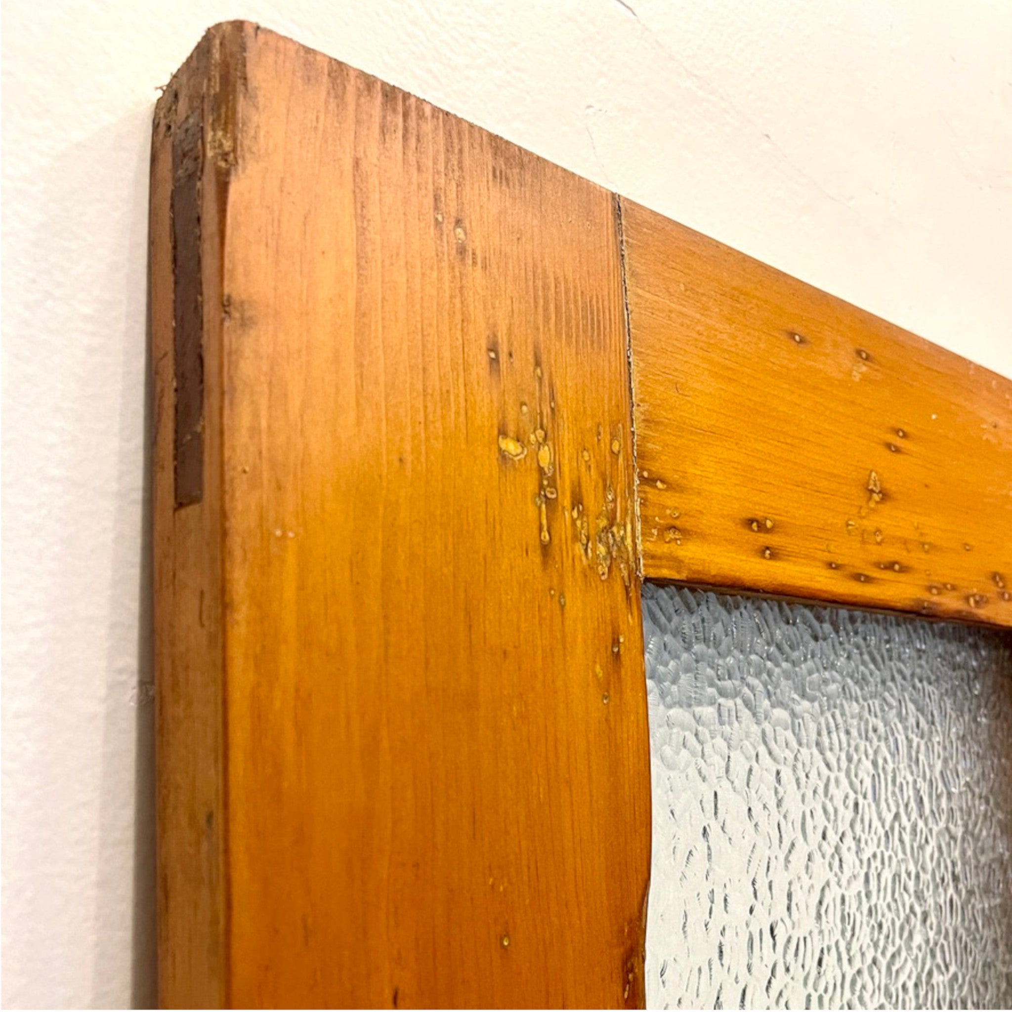 Antique Four-Panel Pine Door with Vintage Privacy Glass