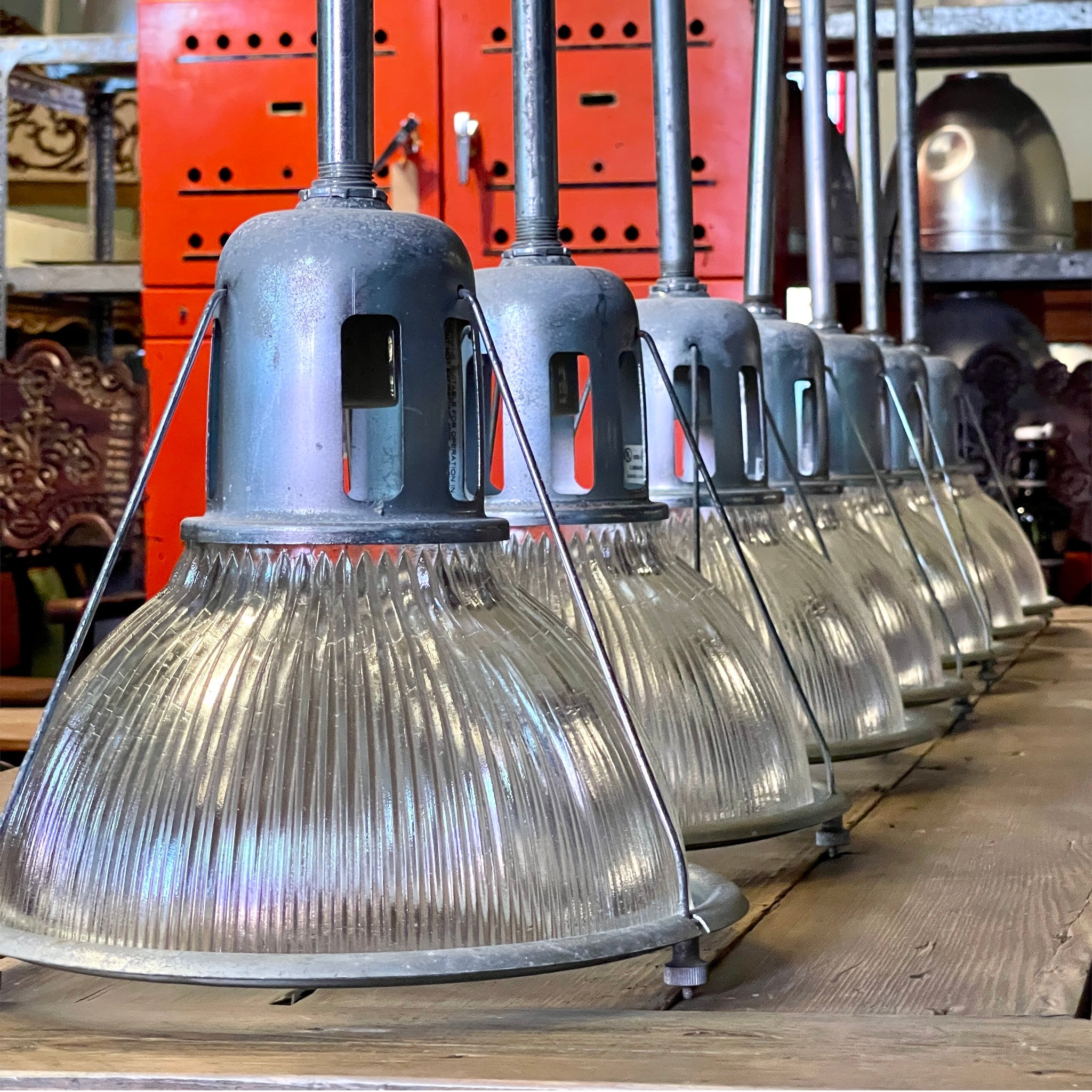 Set of 7 Vintage Holophane Industrial Pendant Lights