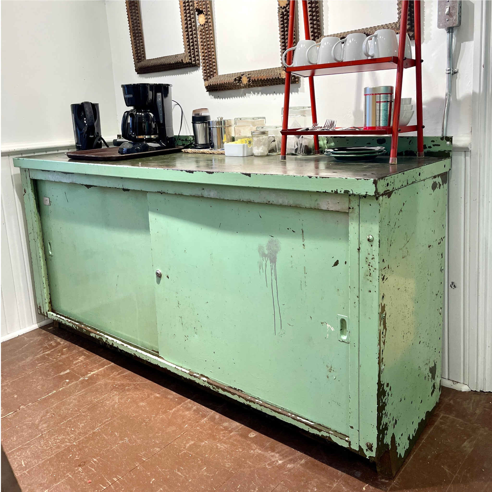 Vintage Industrial Steel Cabinet with Sliding Doors