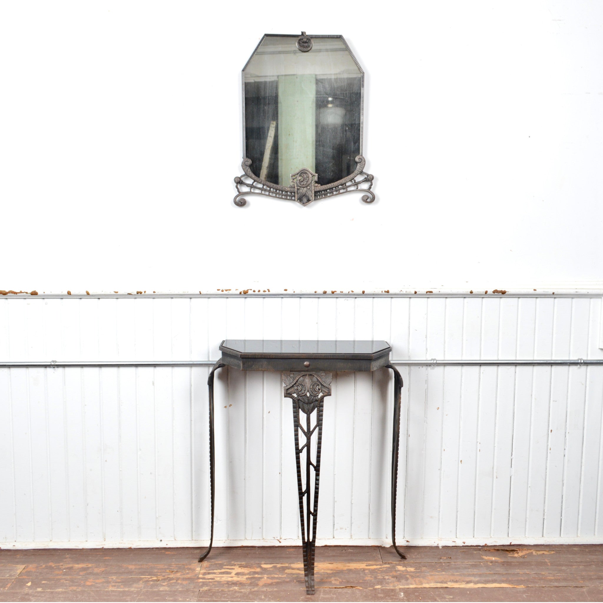 Antique Art Deco Cast Iron Console Table with Matching Mirror