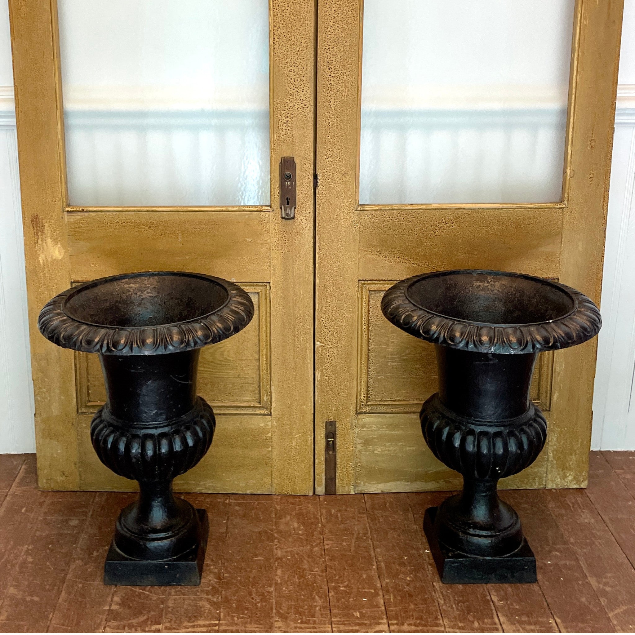 Pair of Vintage Cast Iron Campana Garden Urns