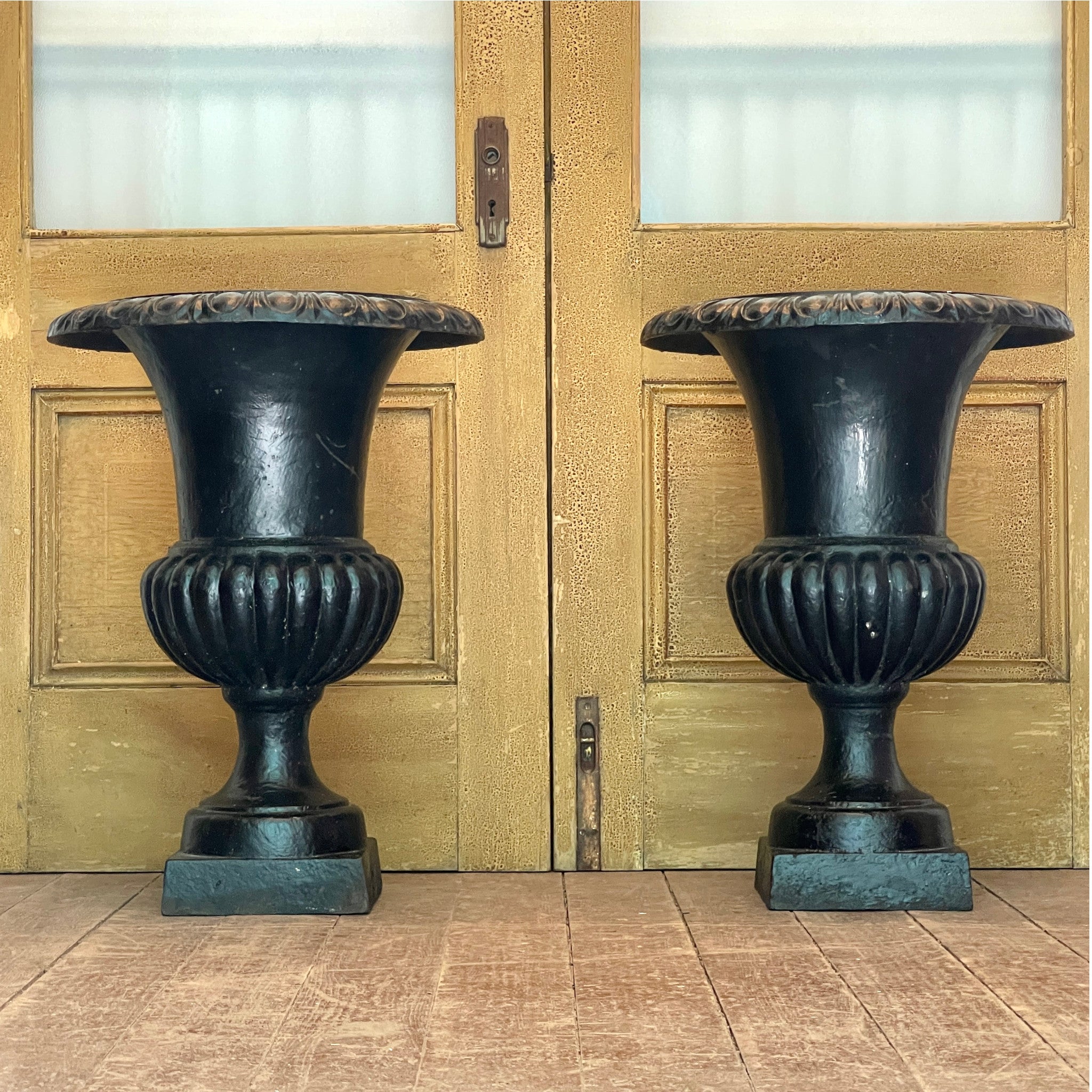 Pair of Vintage Cast Iron Campana Garden Urns