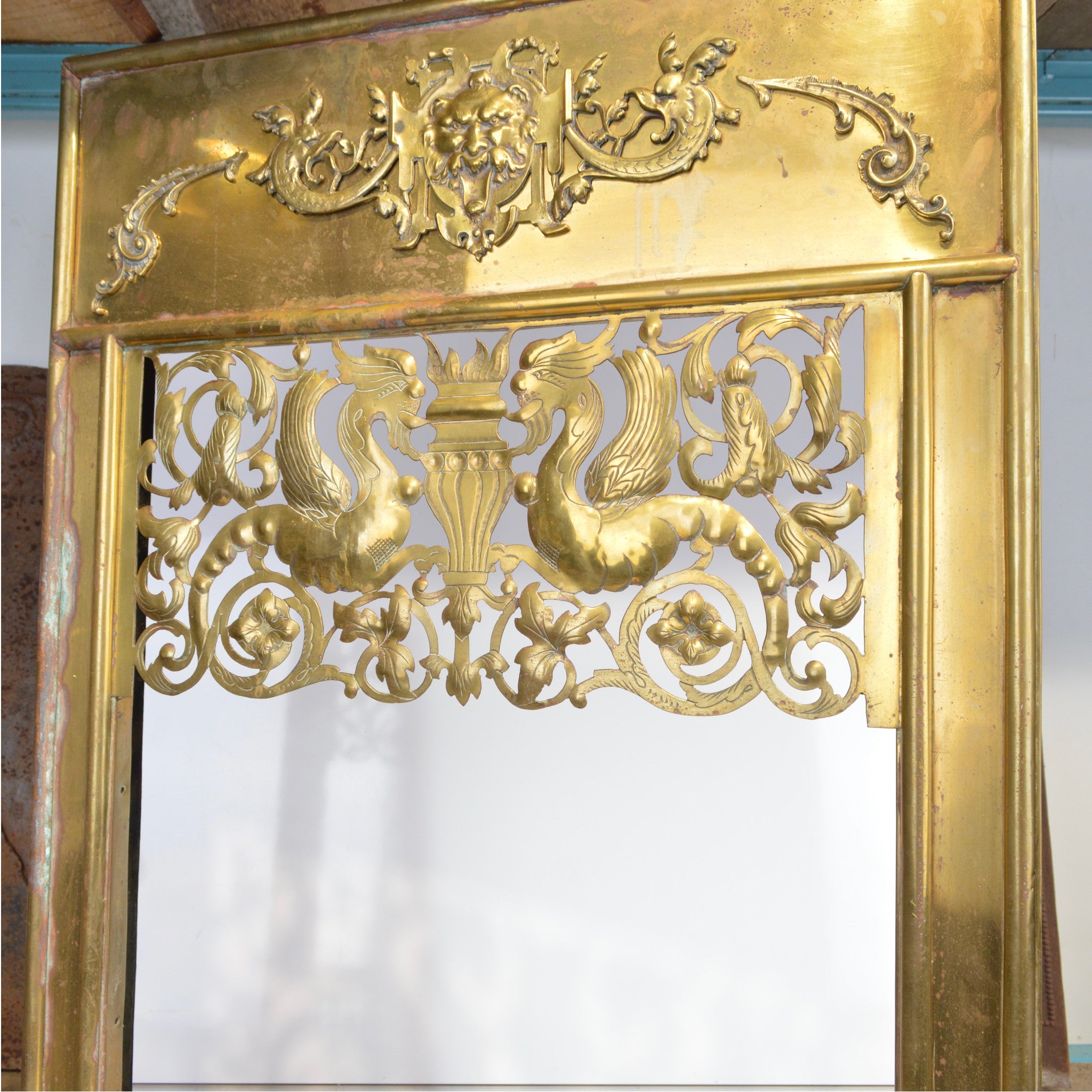 19th Century English Brass Fireplace Surround with Dragons and Vulcan Mask