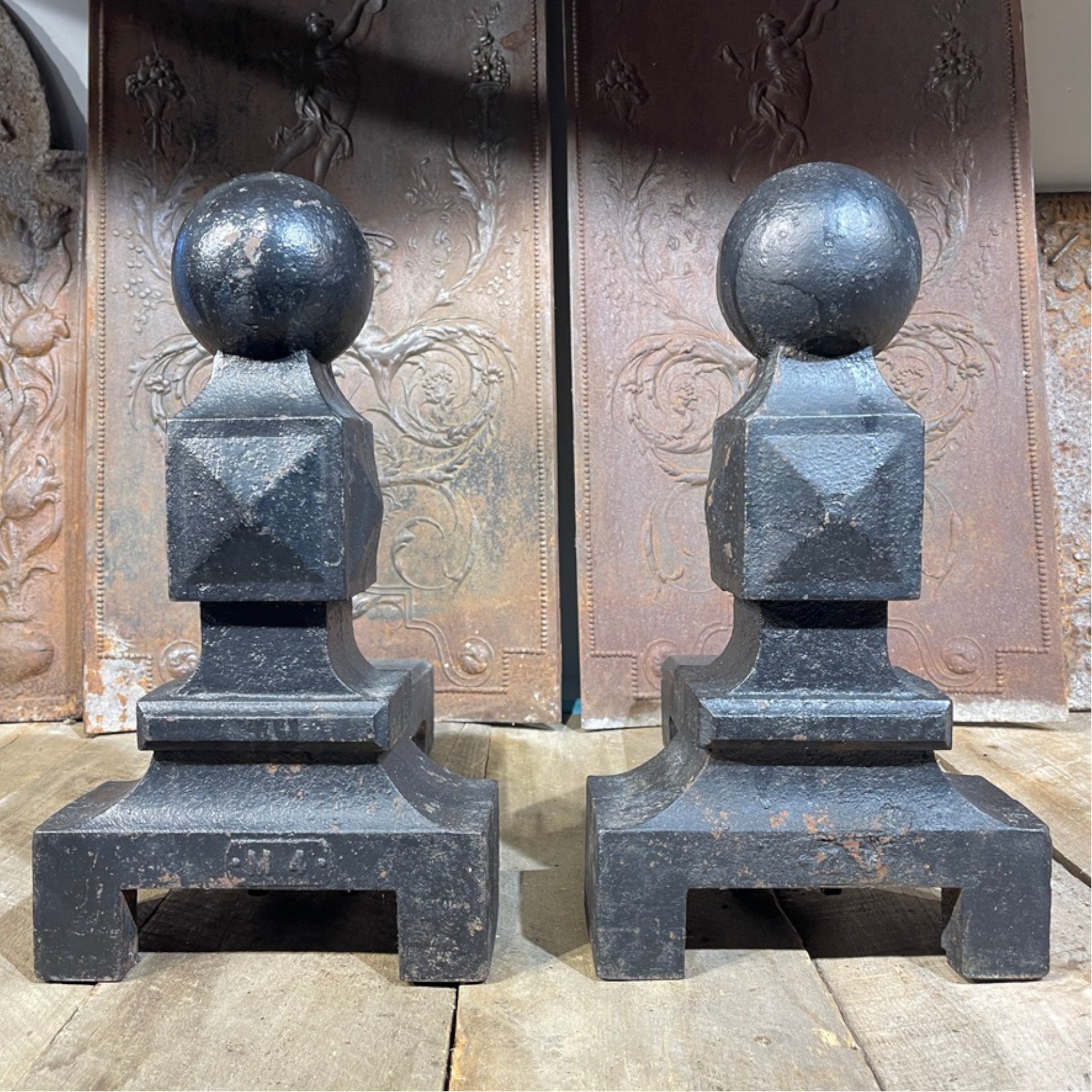 Vintage Cast Iron Cannonball Andirons