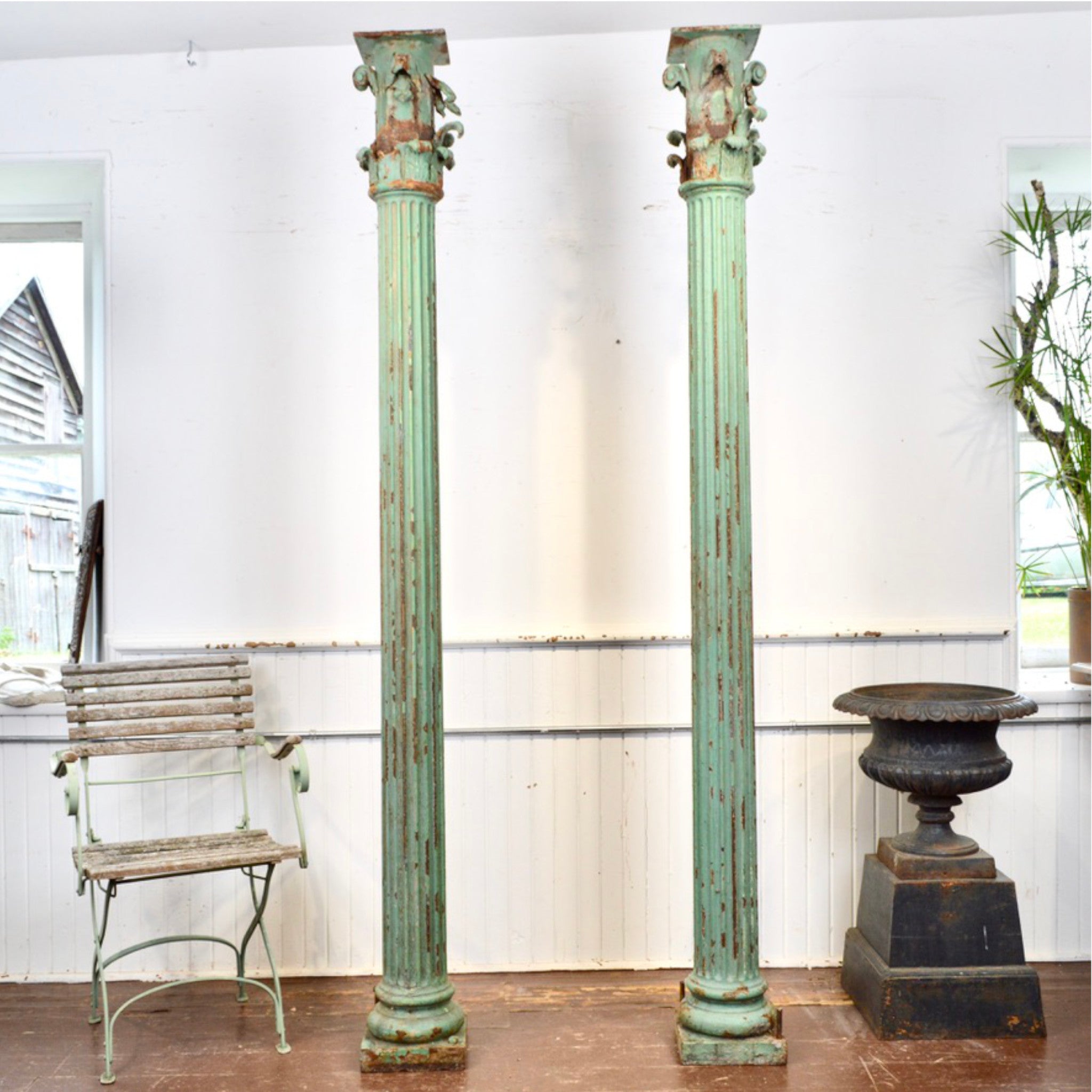 Pair of 19th Century Cast Iron Fluted Pillars with Corinthian Capitals
