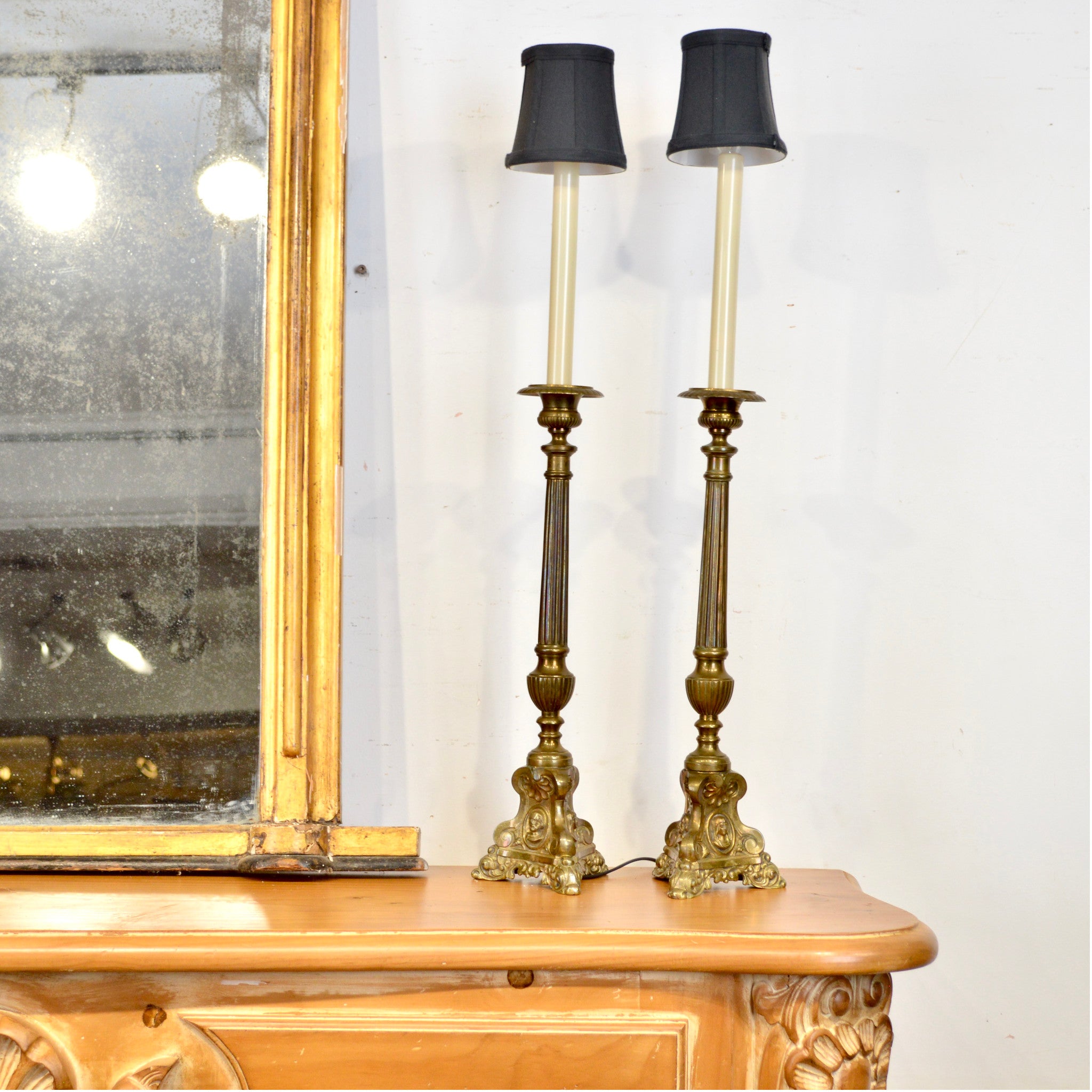 Pair of French Brass Ecclesiastic Candlesticks Converted to Lamps