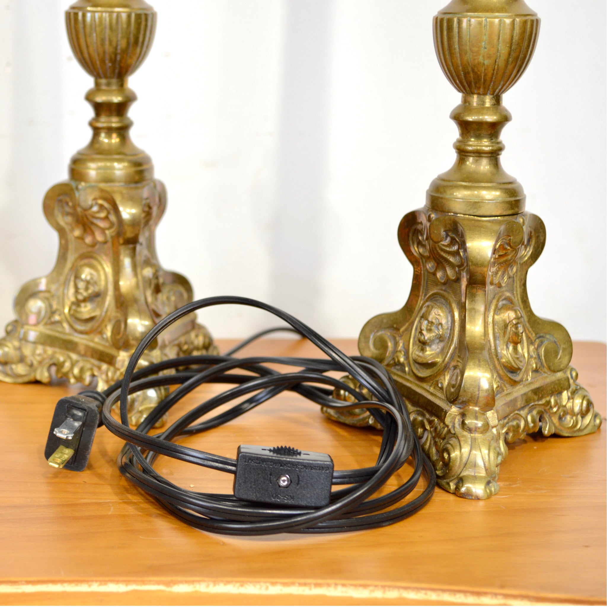 Pair of French Brass Ecclesiastic Candlesticks Converted to Lamps