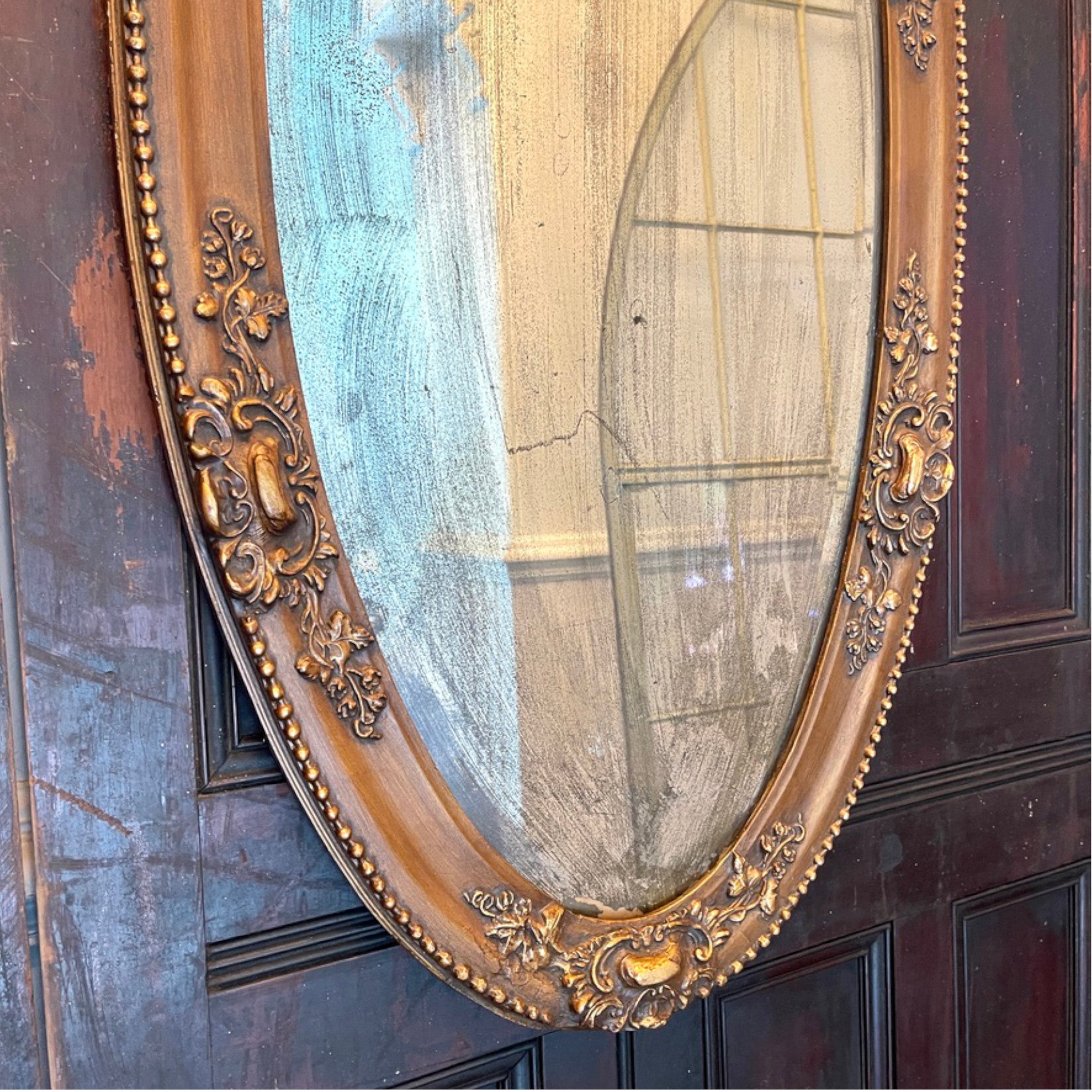 Antique Louis XVI Revival Oval Mirror with Original Foxed Beveled Glass