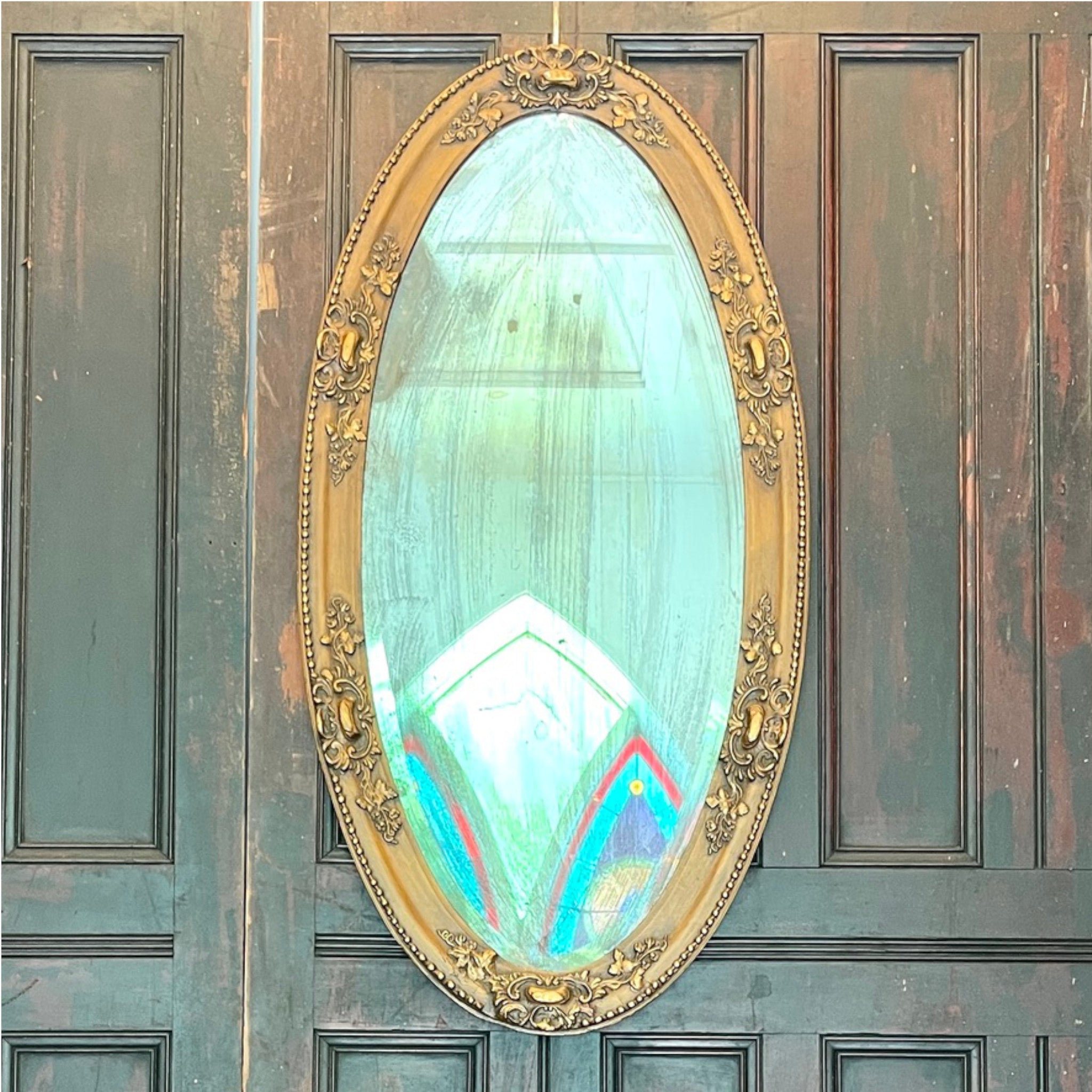 Antique Louis XVI Revival Oval Mirror with Original Foxed Beveled Glass